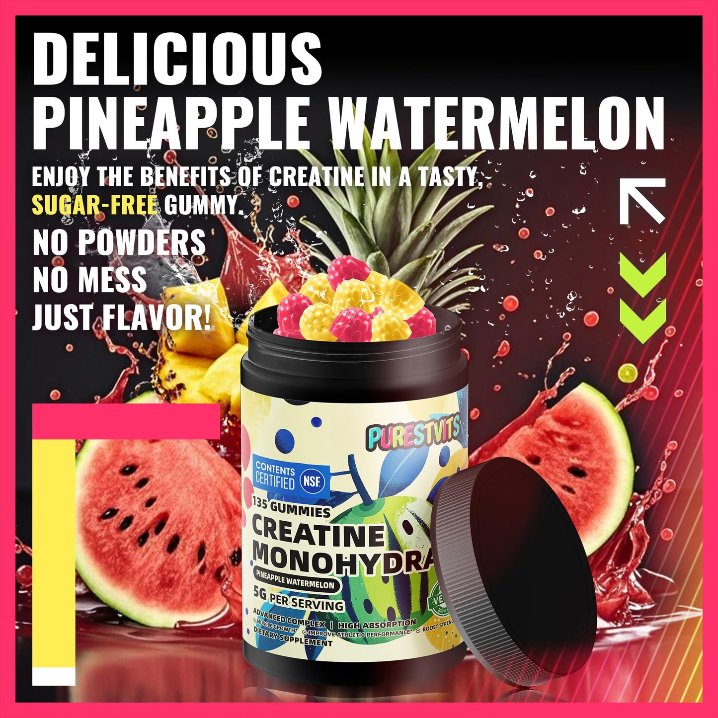 PURESTVITS Creatine Gummy Pineapple Watermelon 135 Count