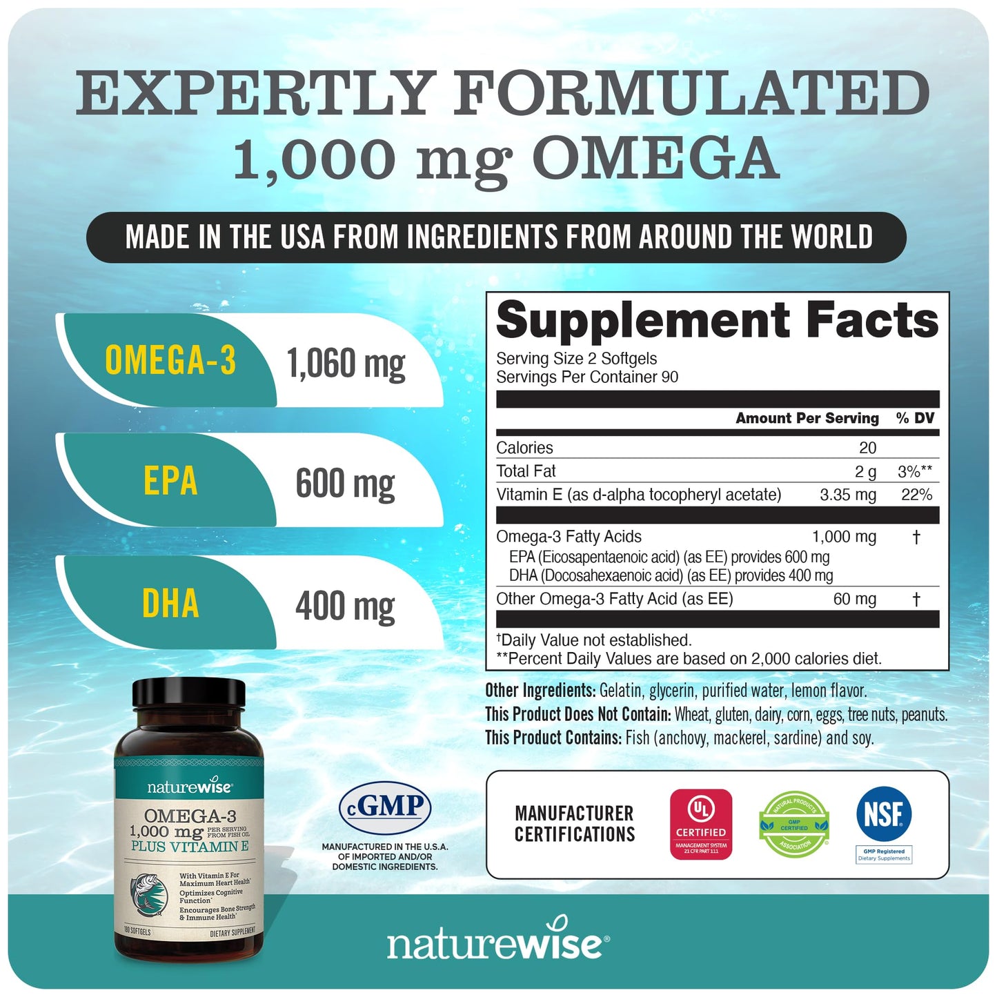 NatureWise Omega-3 1000mg Softgels (EPA 600mg / DHA 400mg) with Vitamin E & Vitamin B Complex, 240 Count