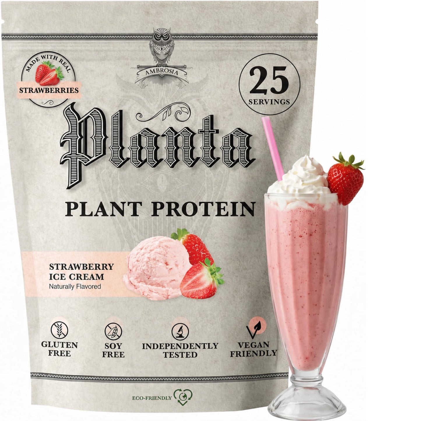 Ambrosia Plant Based Pea Protein Powder Strawberry Ice Cream Flavor, 25 Servings