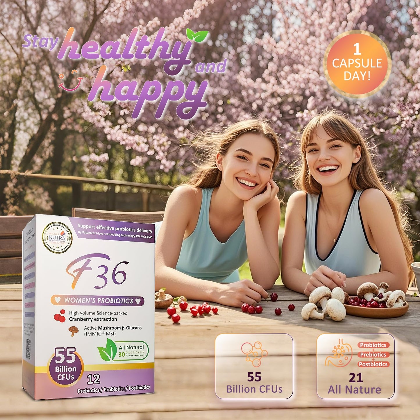 F36 Probiotics for Women 55 Billion CFU – Vaginal & Digestive Health, Immune Support, Sleep & pH Balance – with Cranberry, β-Glucan, Prebiotics & Postbiotics – Once Daily Capsule, 30 Count