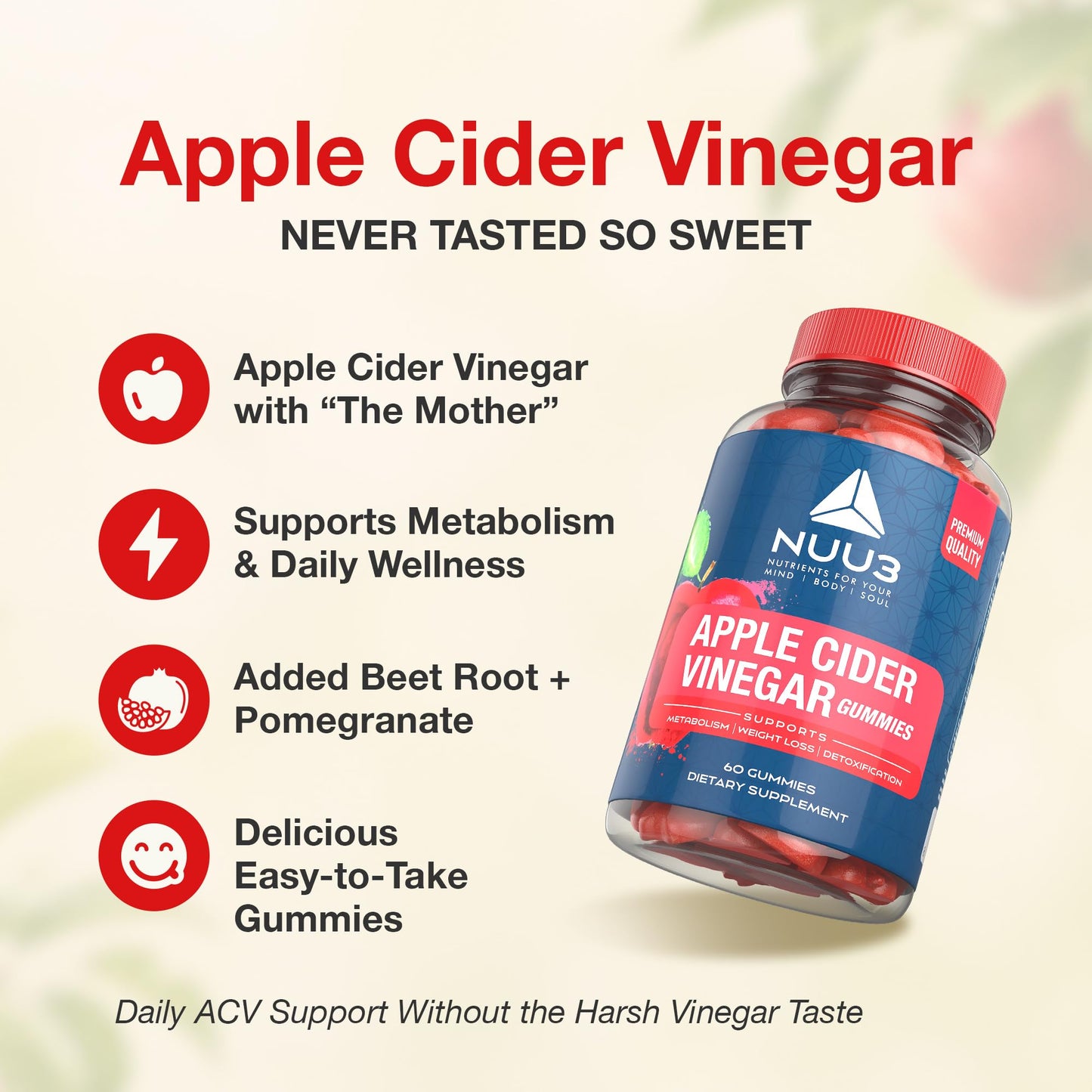 NUU3 Apple Cider Vinegar Gummies 60 Count