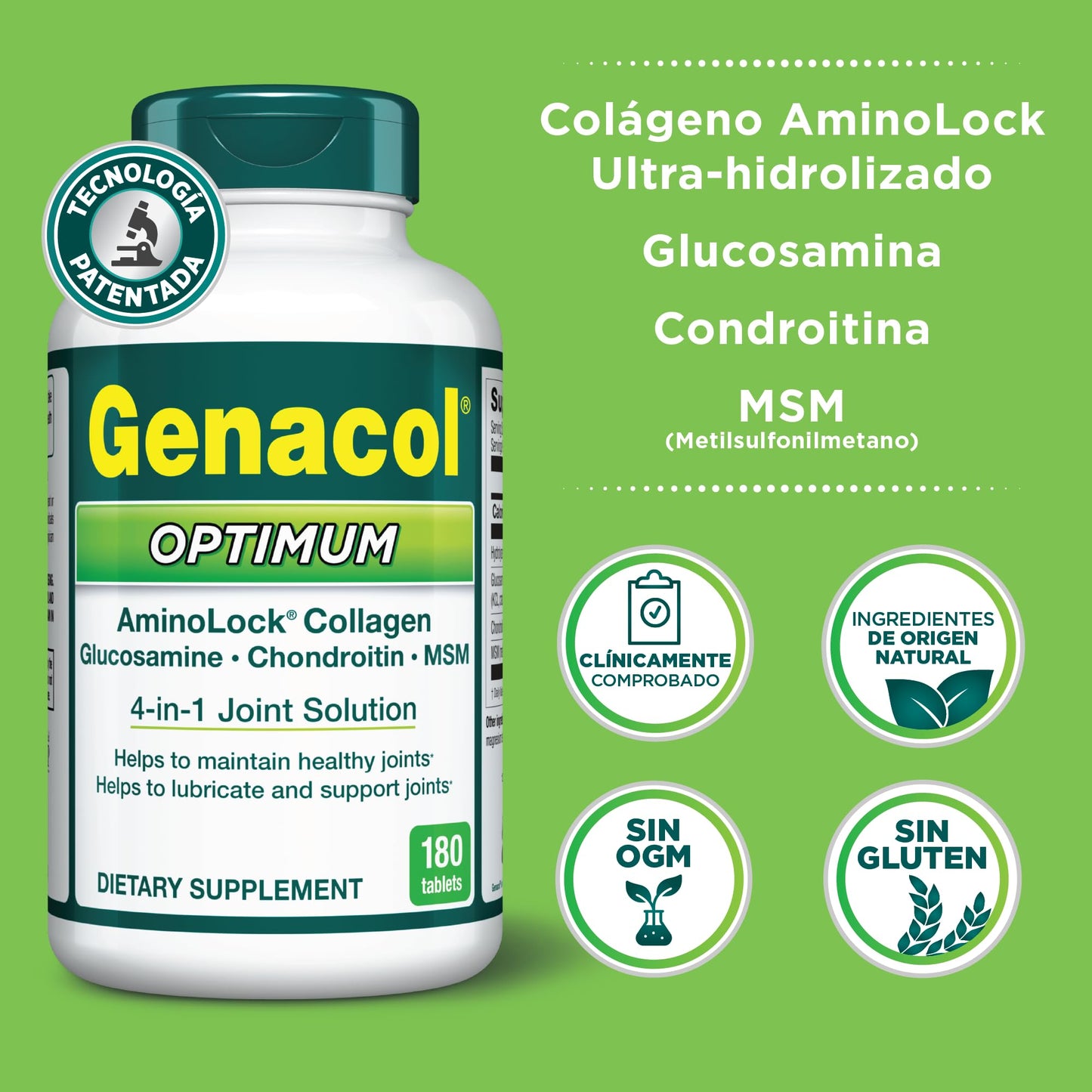 Genacol Optimum Glucosamine, Chondroitin, MSM & Ultra-Hydrolyzed Collagen Joint Supplement, Complete Formula for Joints and Cartilage, 180 Tablets