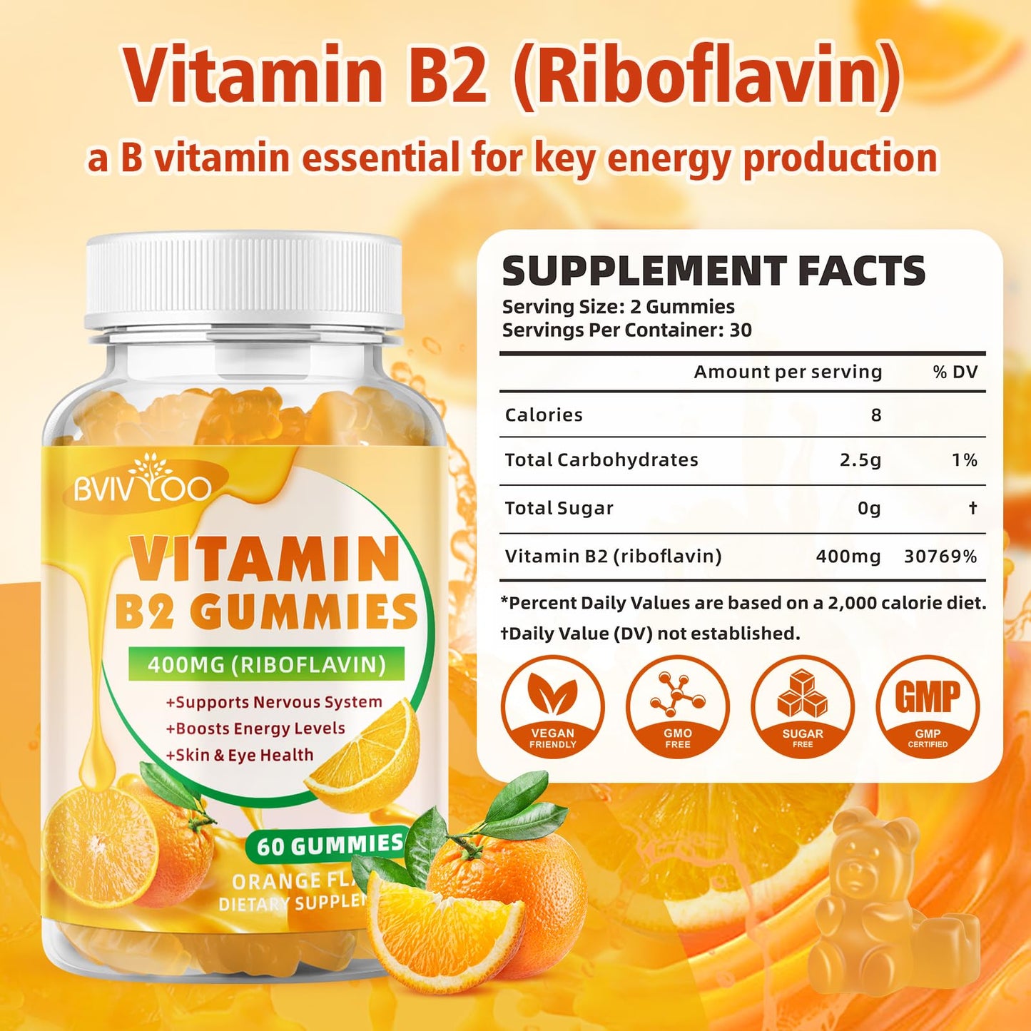 BVIVLOO Vitamin B2 Gummies (Riboflavin 400mg), 60 Gummies