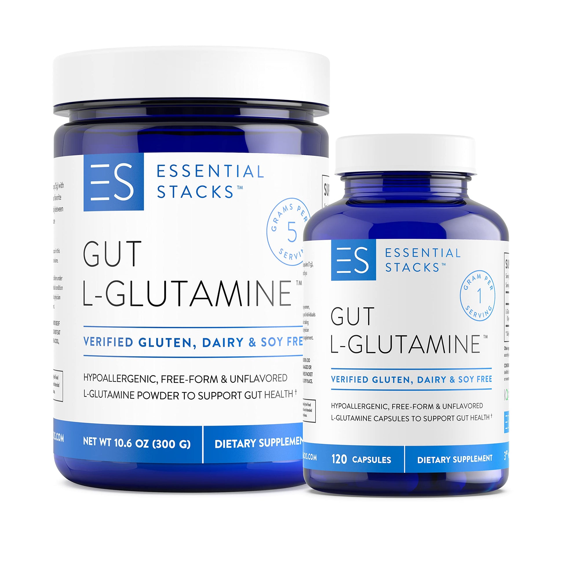 Essential Stacks L-Glutamine Home & Away Bundle - Powder & Capsules, 2-Count