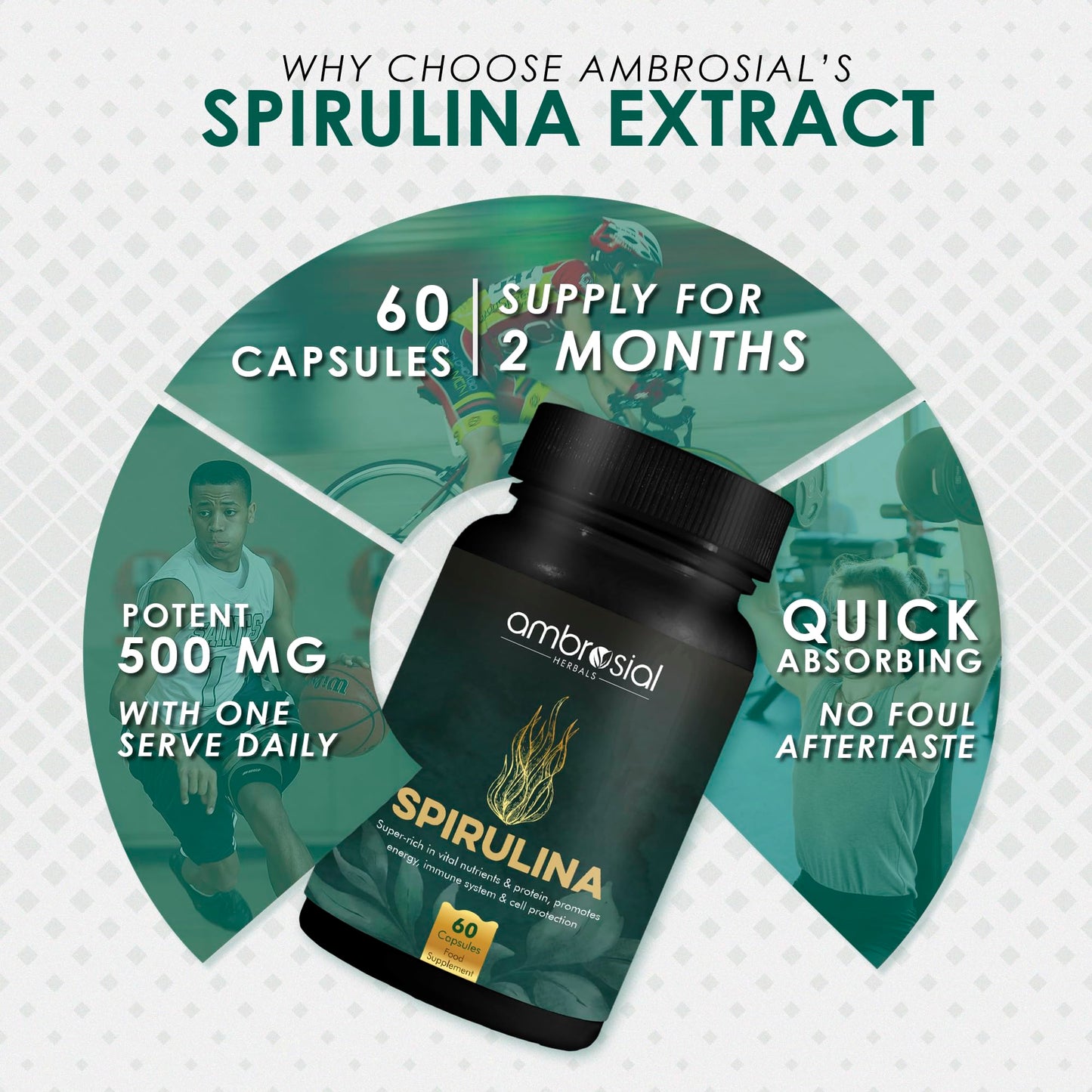 AMBROSIAL Spirulina Capsules 500 mg, 120 Count