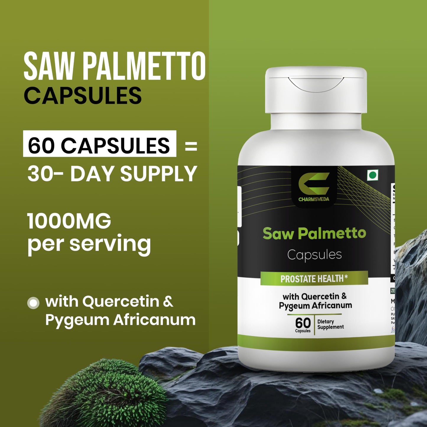 CHARMSVEDA Saw Palmetto Capsules with Quercetin, Pygeum & Turmeric – Heart Health, Overall Wellness & Immune Support, 60 Vegan Capsules