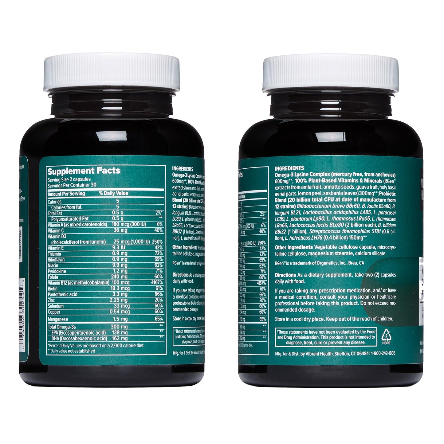 Vibrant Health Trilogy Vegan Probiotic Multivitamin with Omega-3 from Vegan Algal Oil, 60 Capsules