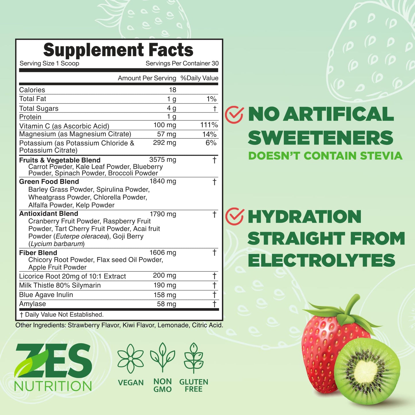 ZES Nutrition Greens + Electrolytes Powder, Kiwi Strawberry Flavor, 6.59 Ounce