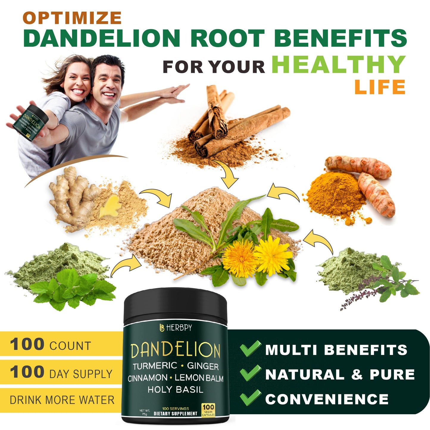 Herbpy Dandelion Root Supplement Capsules 100 Count