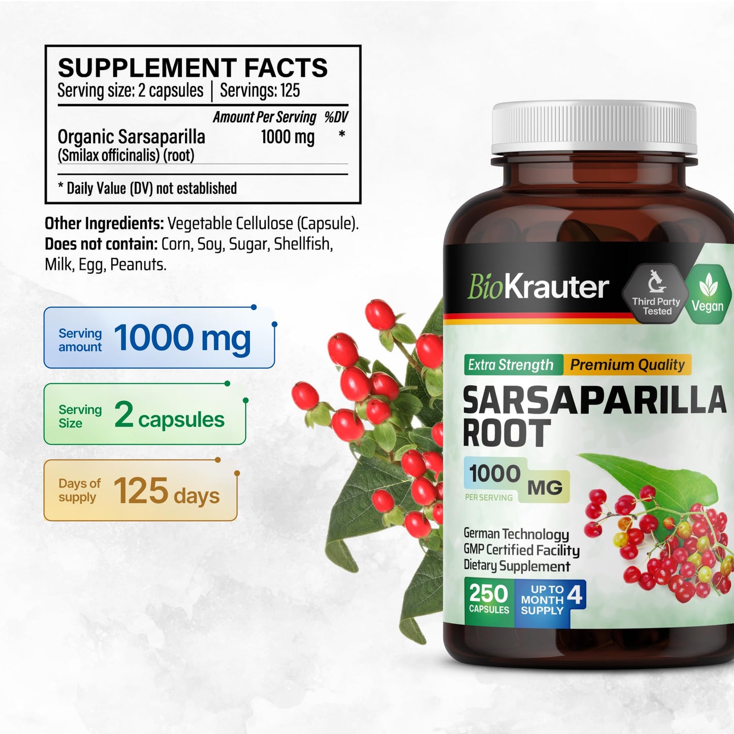 BIO KRAUTER Sarsaparilla Root for Liver Support Capsules, 250 Count