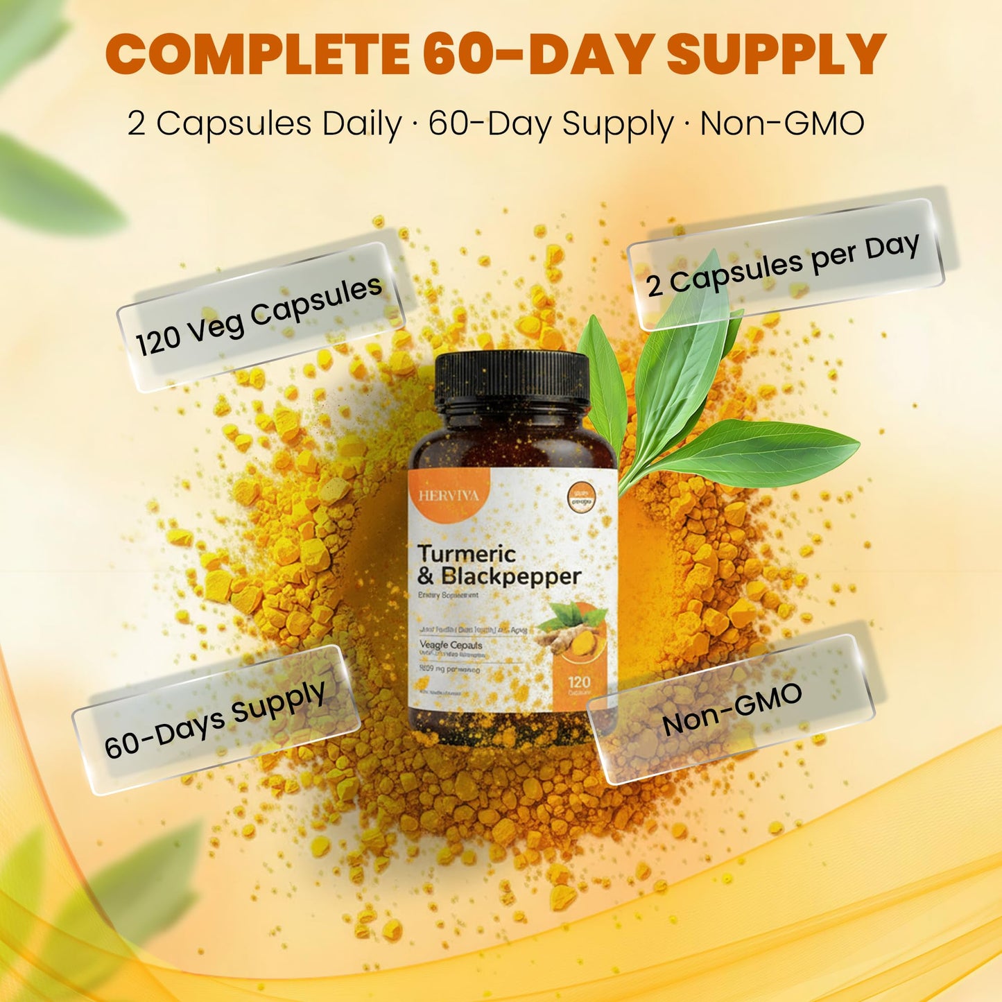HERVIVA Turmeric Curcumin 1500mg with Black Pepper 5mg Vegan Capsules, 120 Count