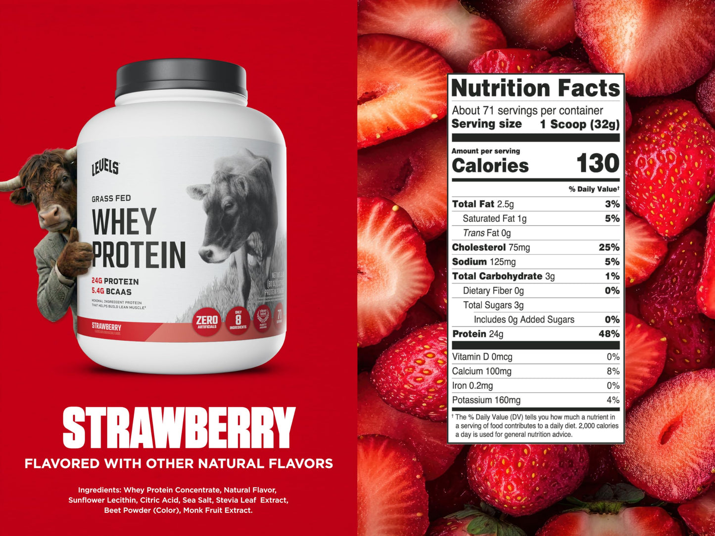Levels Nutrition Grass Fed Whey Protein Powder, Strawberry, 80 Servings, 5 lb