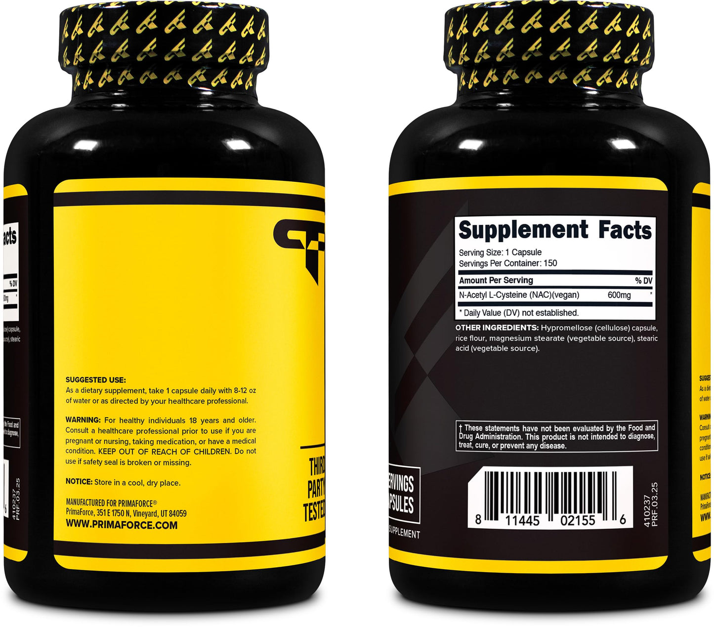 Primaforce NAC Vegan N-Acetyl L-Cysteine Supplement (600 mg), 150 Capsules