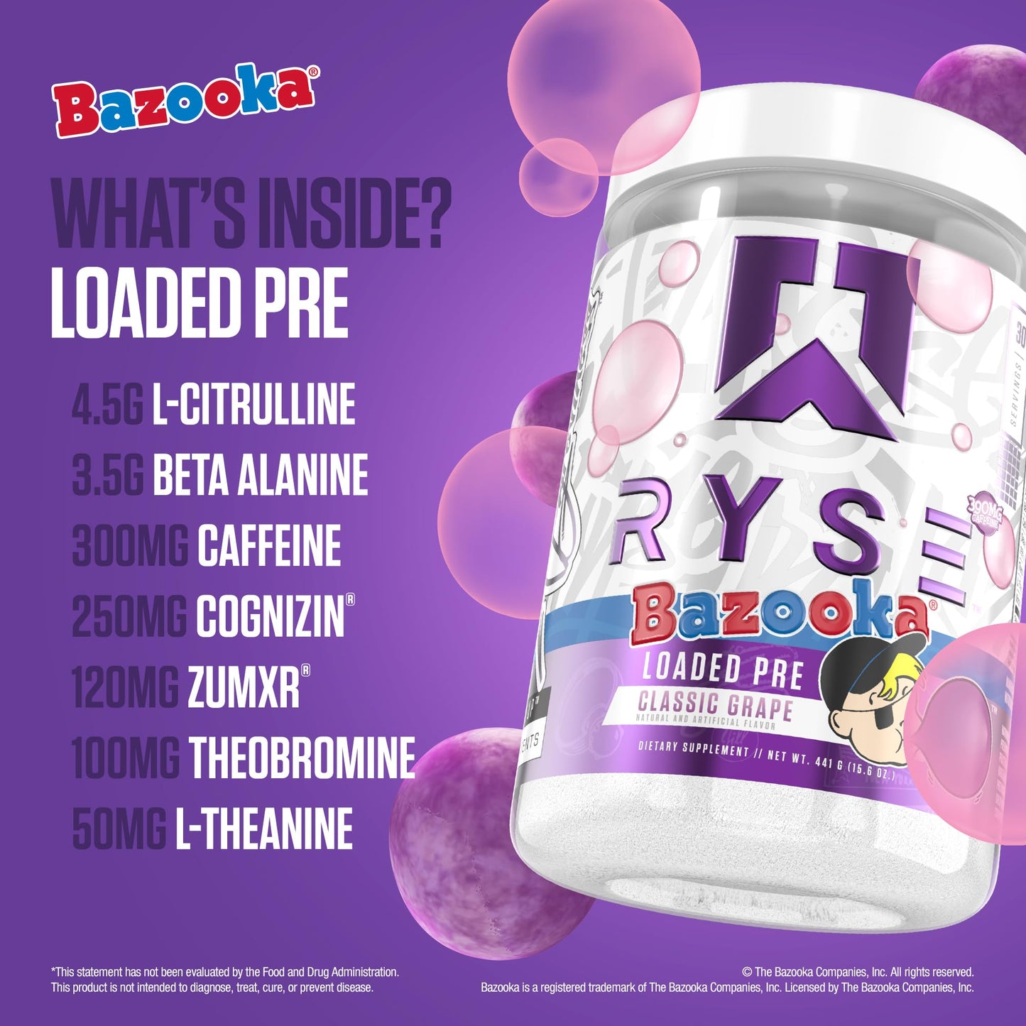 RYSE Up Supplements Loaded Pre Workout Powder Bazooka Grape 15.3 oz