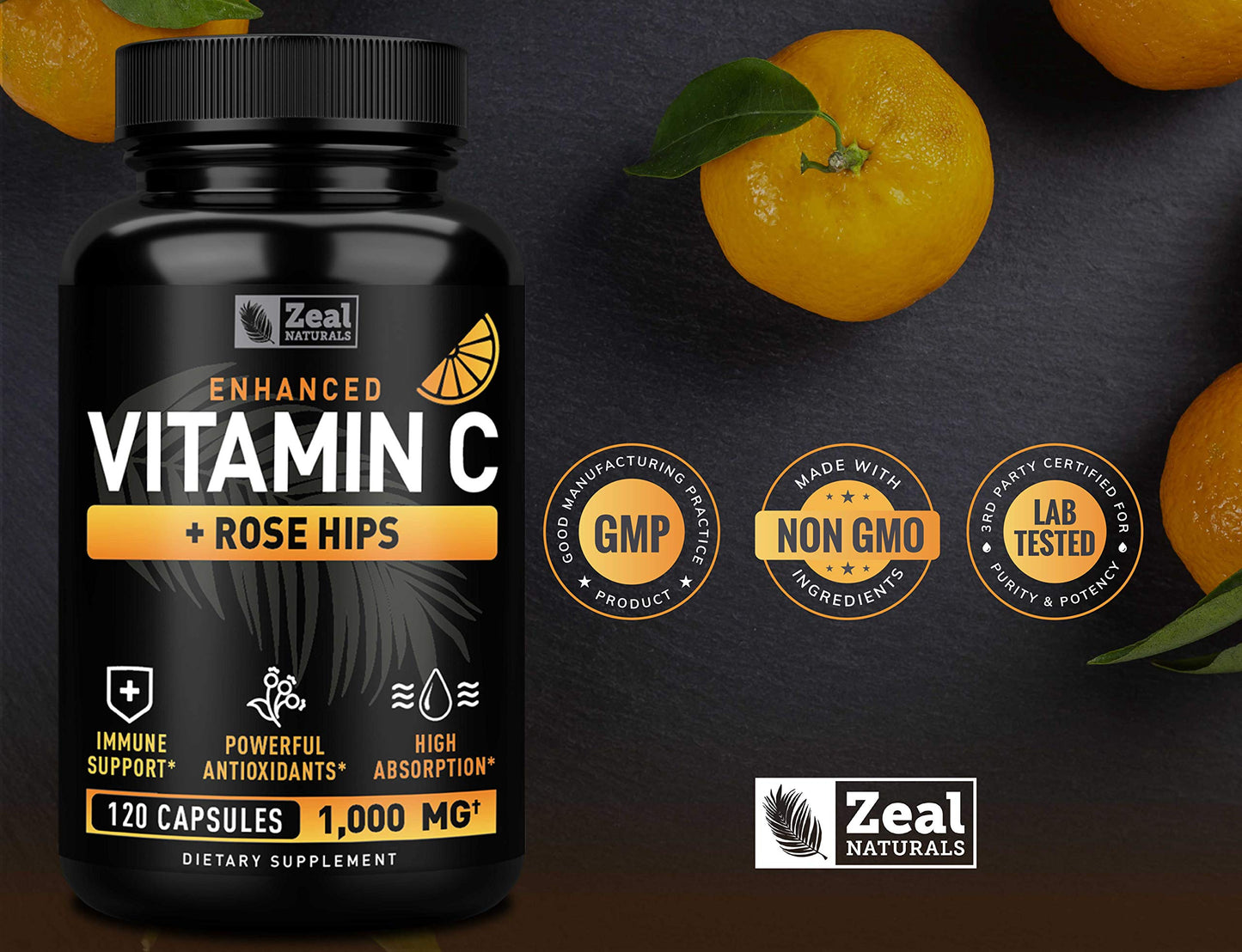 Zeal Naturals Vitamin C with Rose Hips 1000mg - Pure Ascorbic Acid Supplement - High Dose Vitamin C Capsules, 120 Count