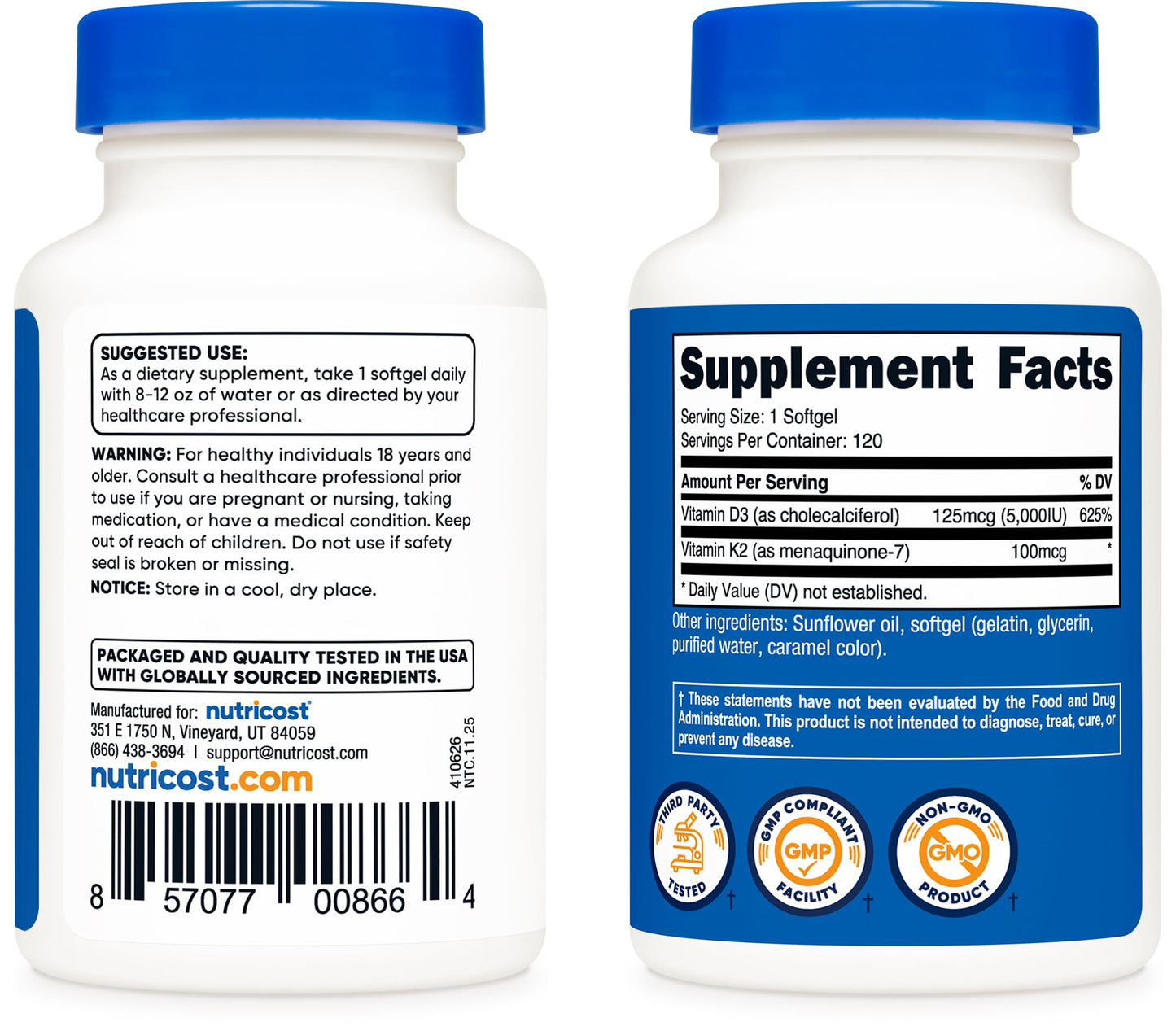 Nutricost Vitamin D3 + K2 (5000 IU D3 / 100mcg MK7) Softgels 120