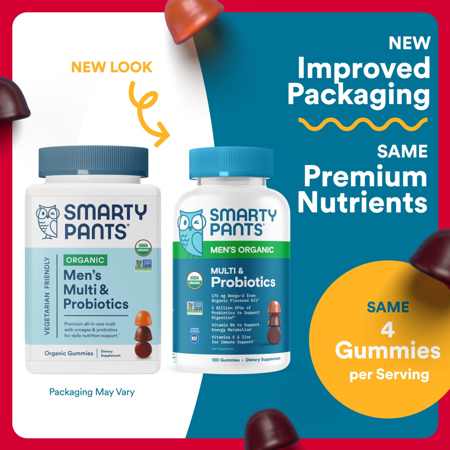 SmartyPants Multivitamin for Men, Organic Gummies: Probiotics, CoQ10, Methylfolate, Omega 3 (ALA), Vitamin D3, C, Vitamin B12, B6, A, K & Zinc for Immune Support, Biotin, 120 Gummies (30 Day Supply)