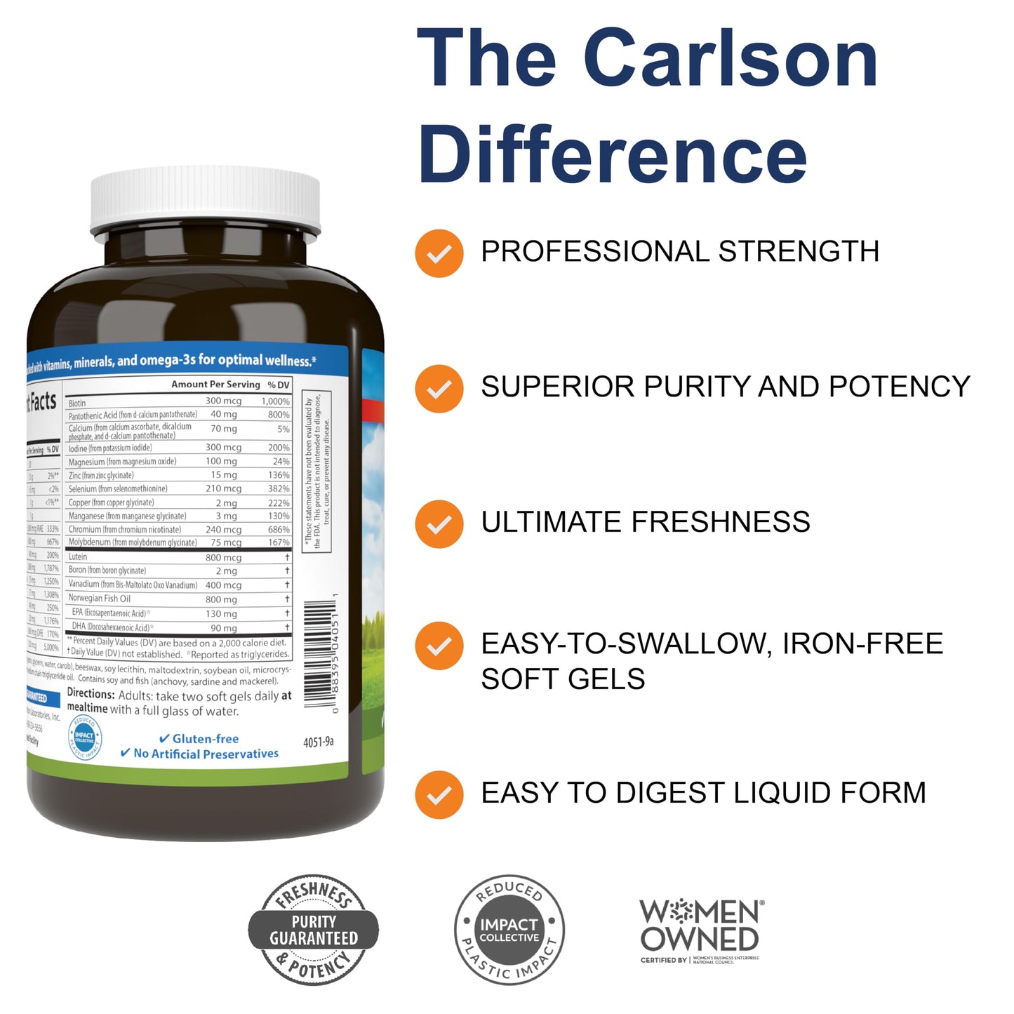 Carlson Super-2-daily Multi + Omega-3s + Lutein + D3 Multivitamin with Norwegian Fish Oil, Softgels, 120