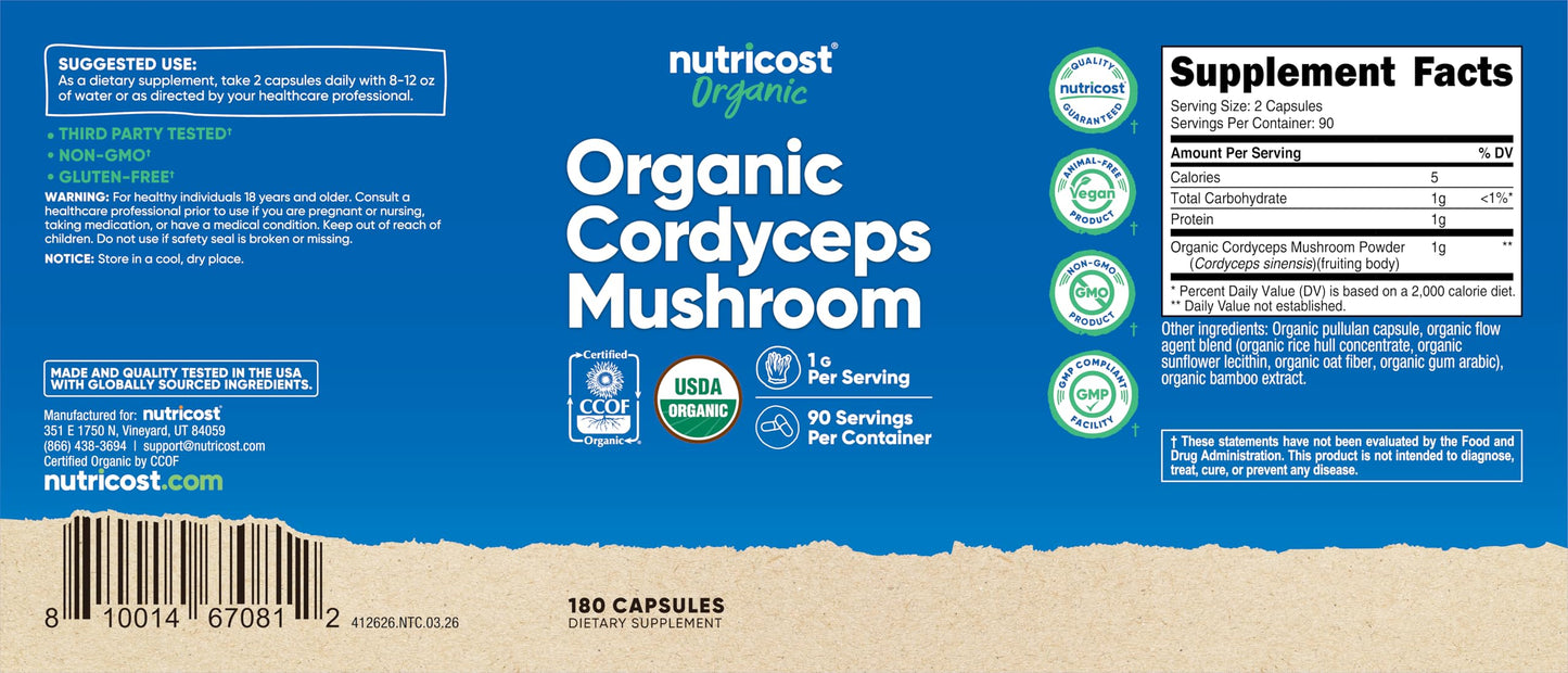 Nutricost Cordyceps Mushroom 1100mg Capsules, 180 Count