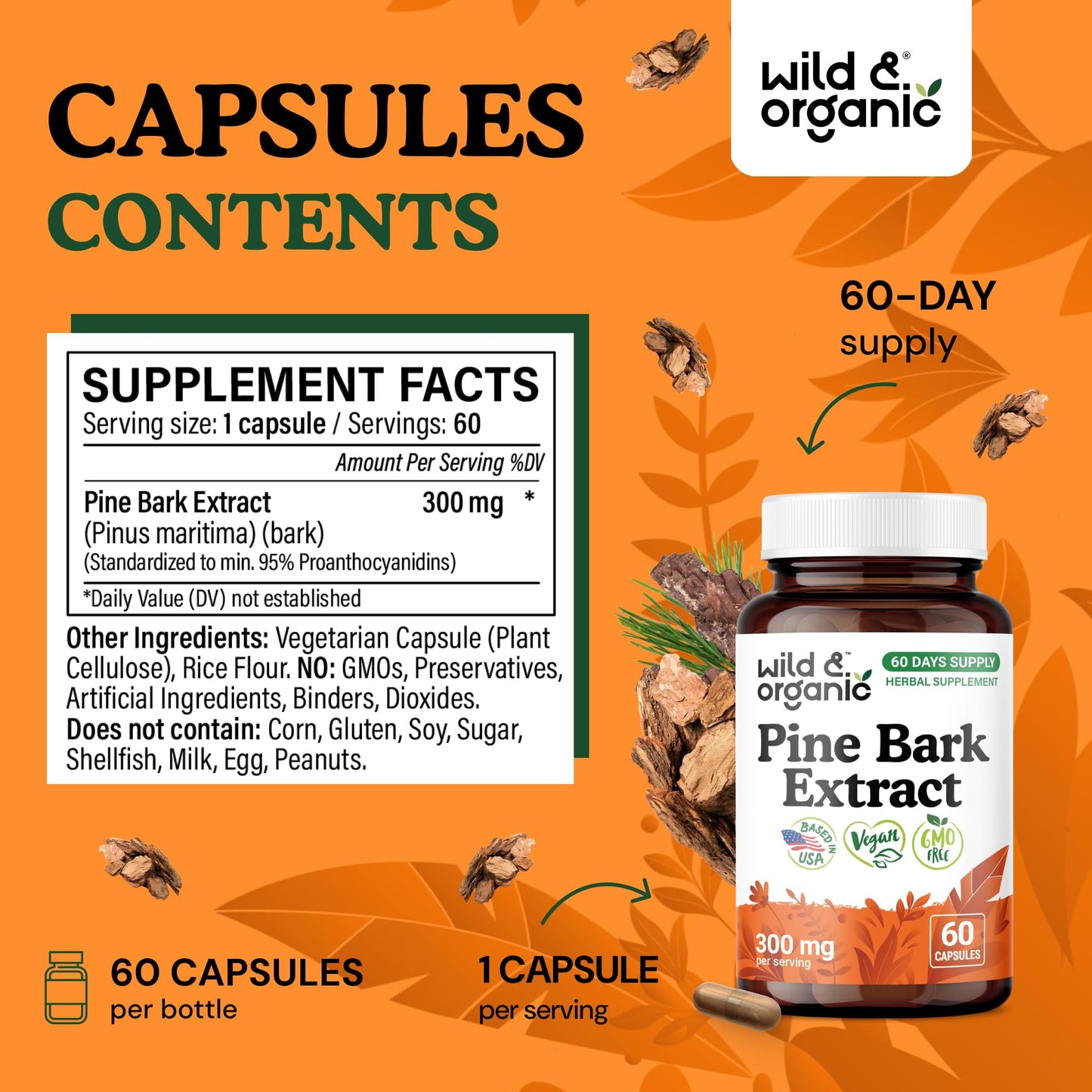 Wild & Organic Pine Bark Extract 300 mg Capsules, 60 Count