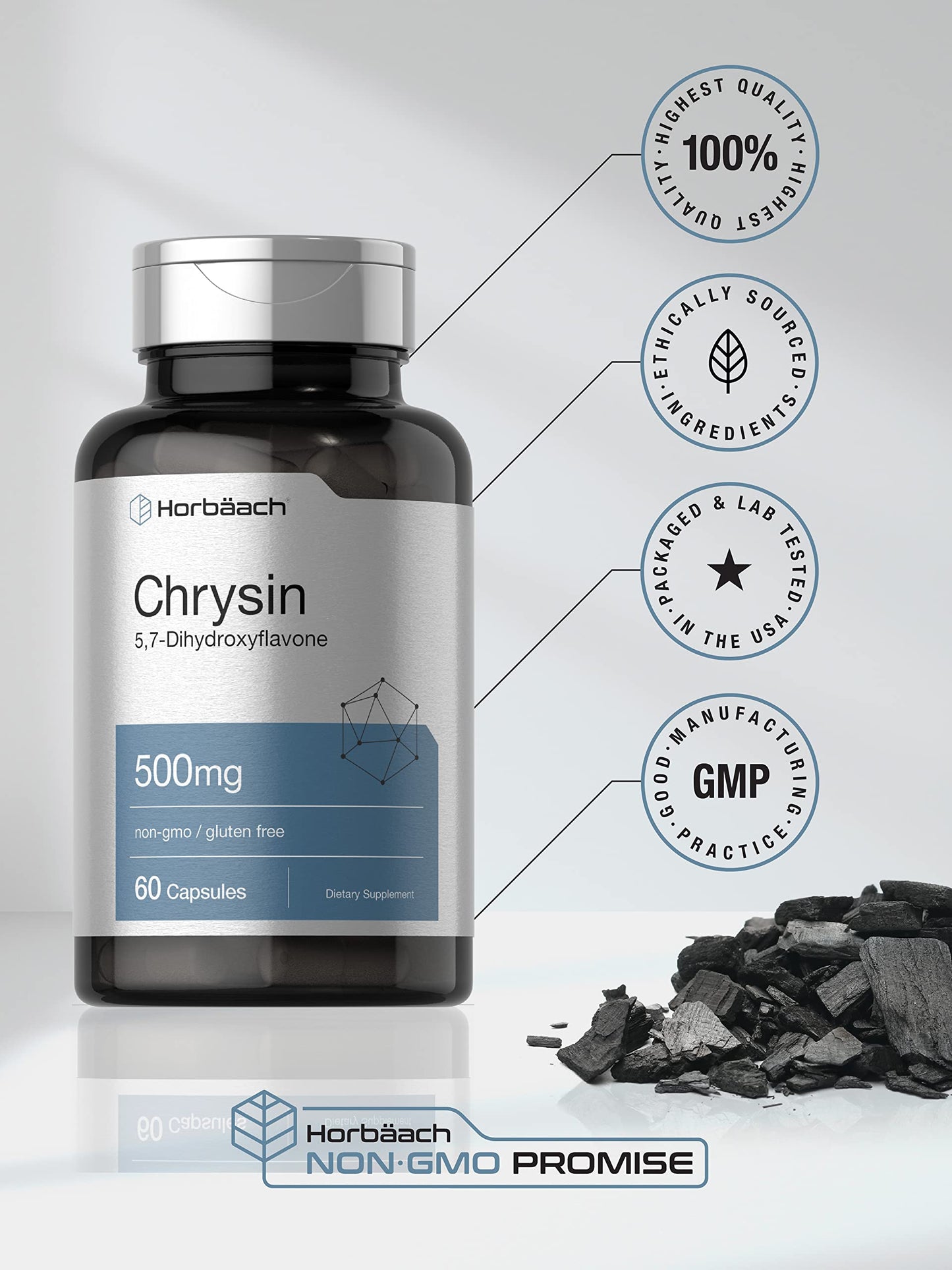 Horbäach Chrysin Supplement 500mg Capsules, 60 Count