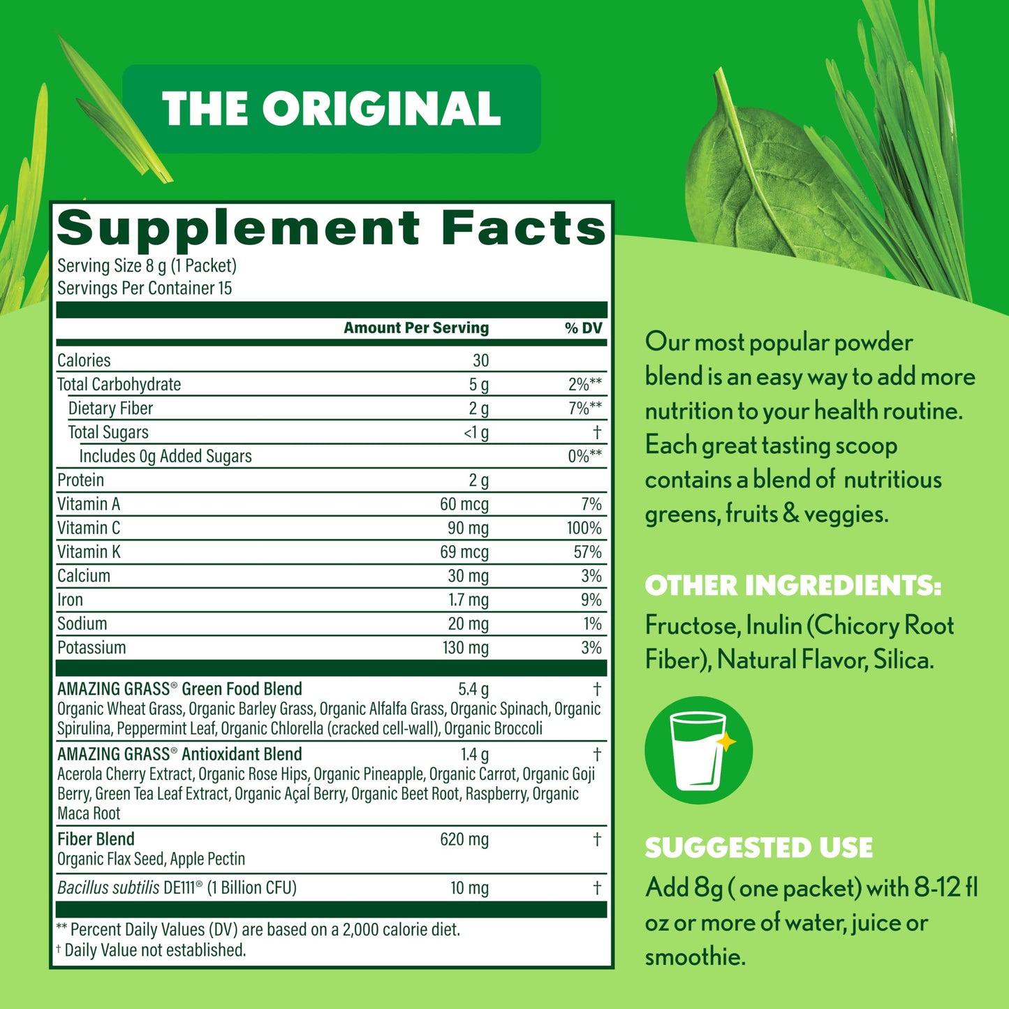 Amazing Grass Greens Blend Superfood: Super Greens Powder Smoothie Mix with Spirulina, Chlorella, Beet Root Powder, Digestive Enzymes, Prebiotics & Probiotics, Original, 15 Servings (Packaging May Vary)