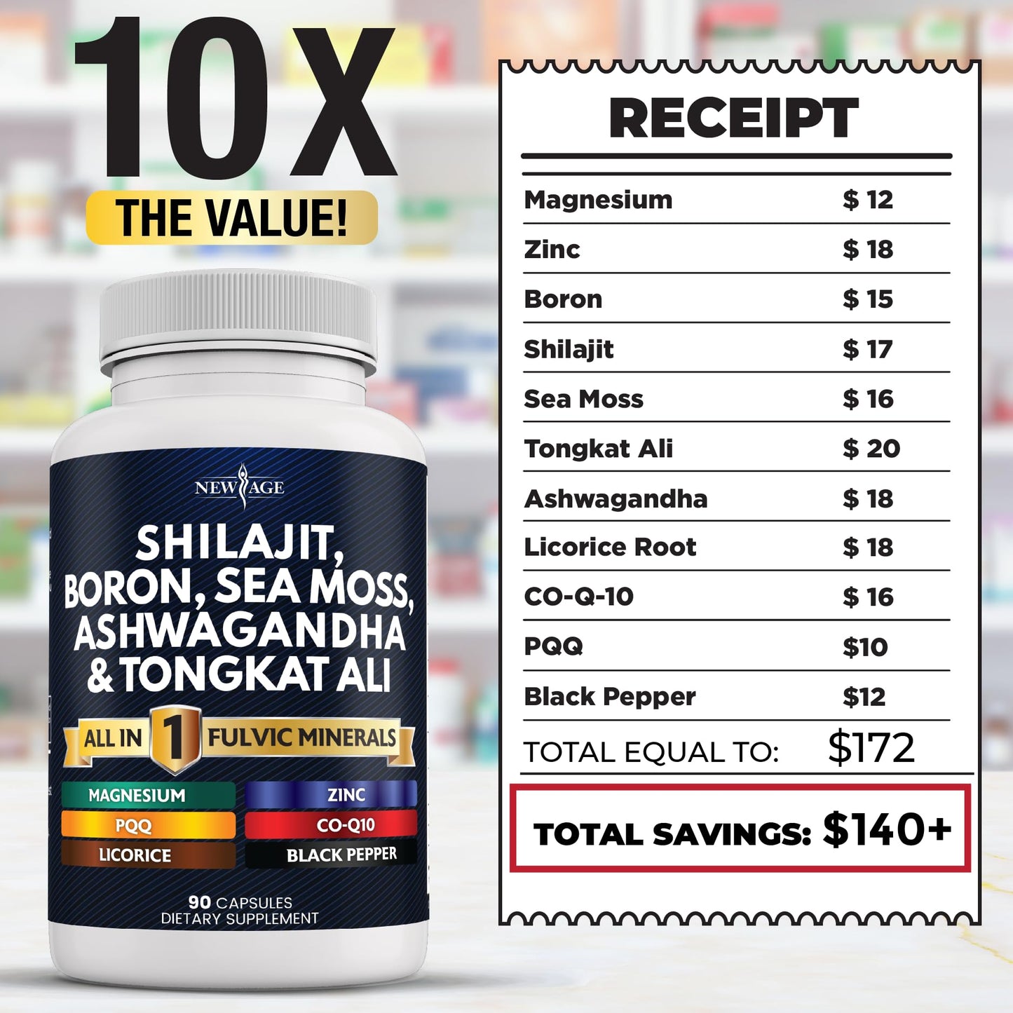 NEW AGE Shilajit Supplement with Sea Moss, Ashwagandha, Tongkat Ali, Boron, Magnesium - Fulvic Acid Capsules for Men, 90 Count