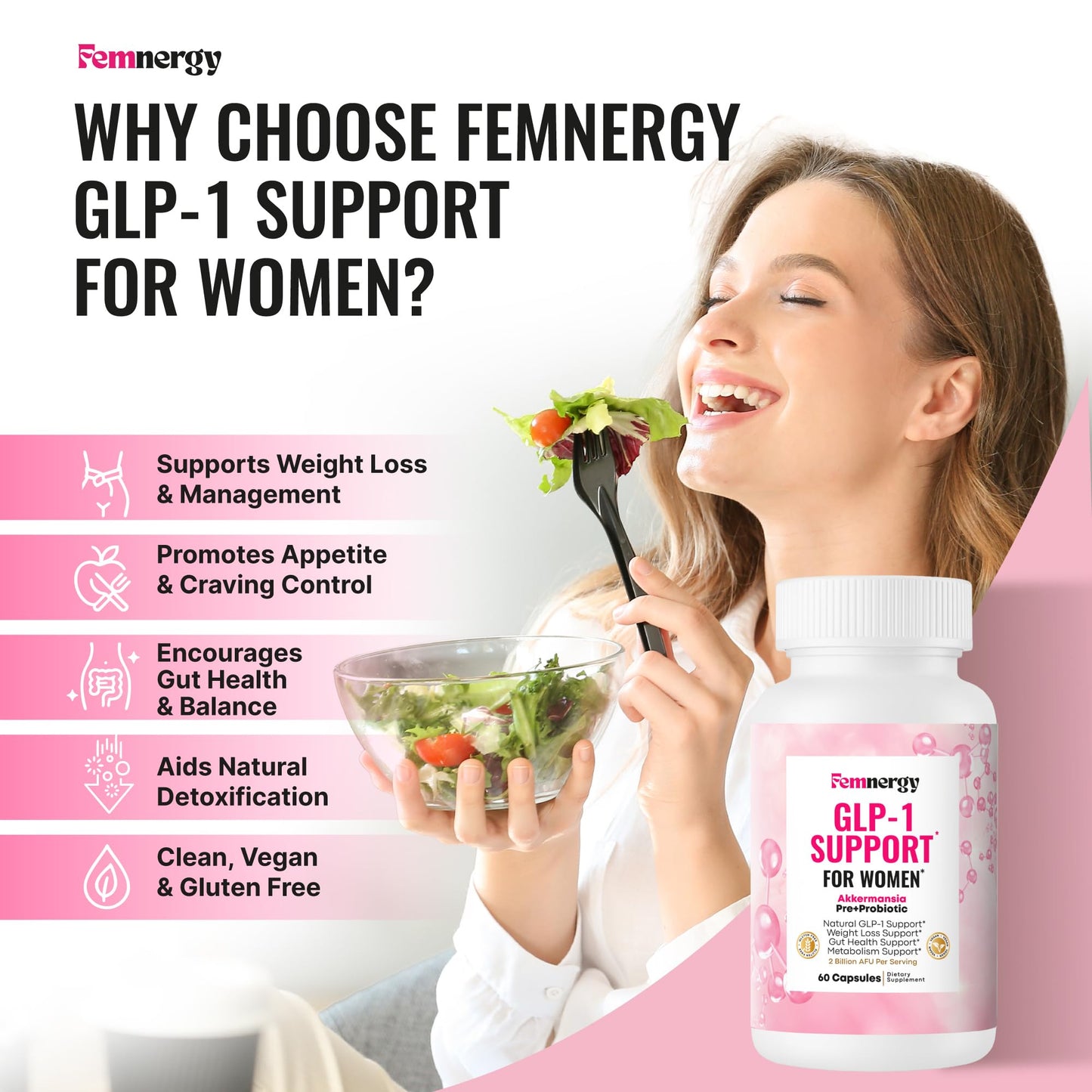 Femnergy GLP-1 Support Weight Loss Probiotic Prebiotic Supplement for Women, 60 Capsules