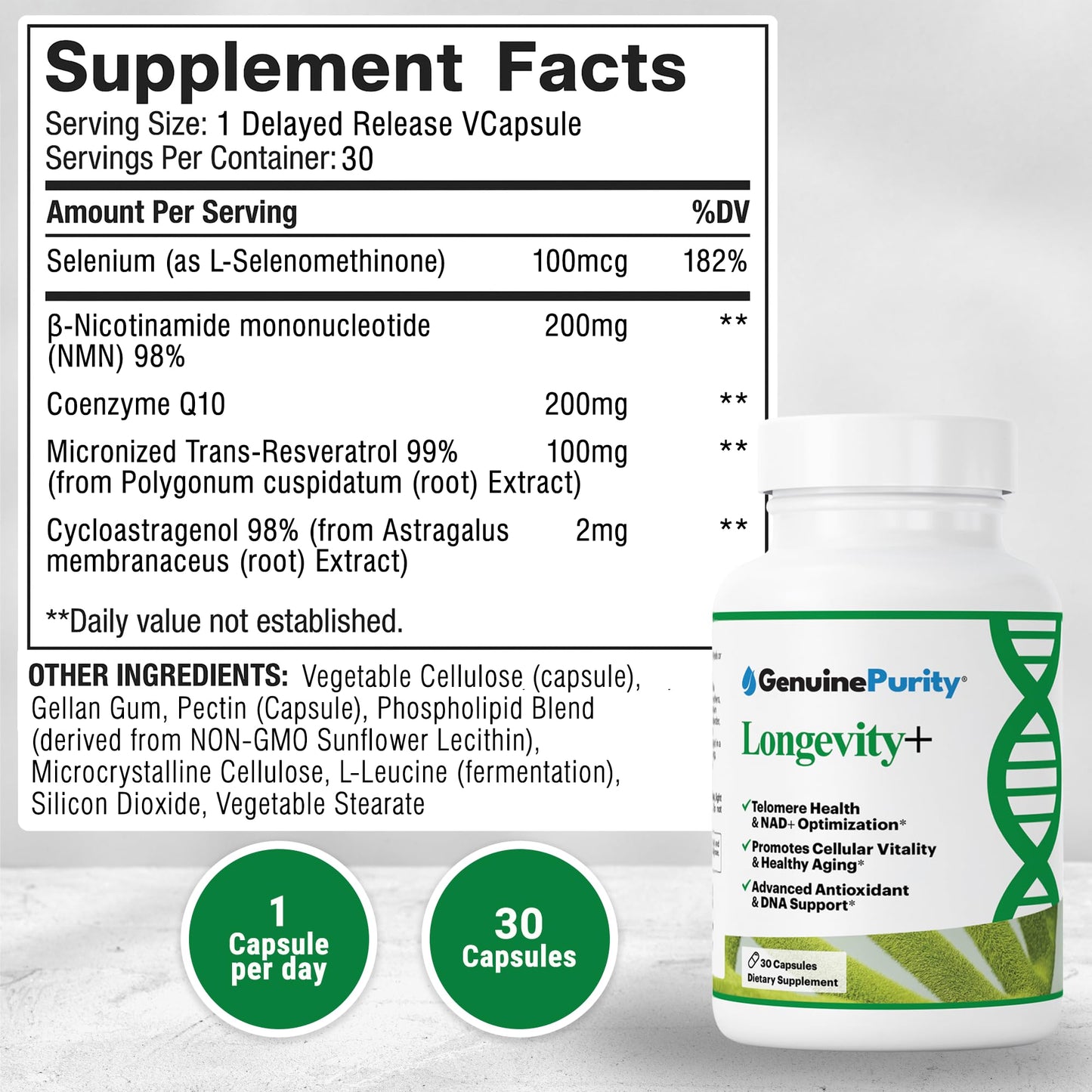 GenuinePurity Longevity+ 5-in-1 Cellular Wellness Formula with NMN, Cycloastragenol, CoQ10, Resveratrol & Selenium, 60 Capsules