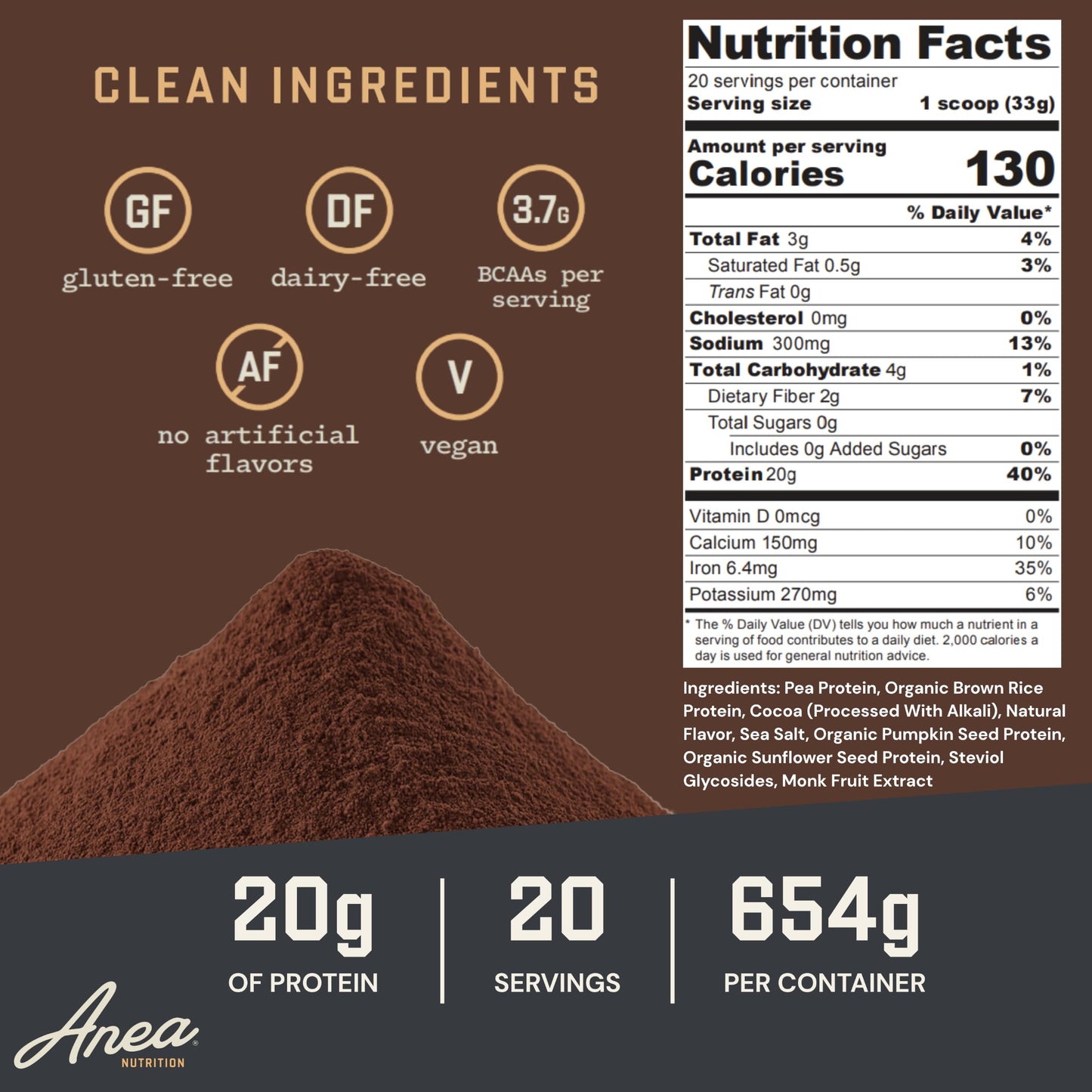 Anea Nutrition Plant Based Protein Powder Chocolate, Vegan, 23.0692 Servings