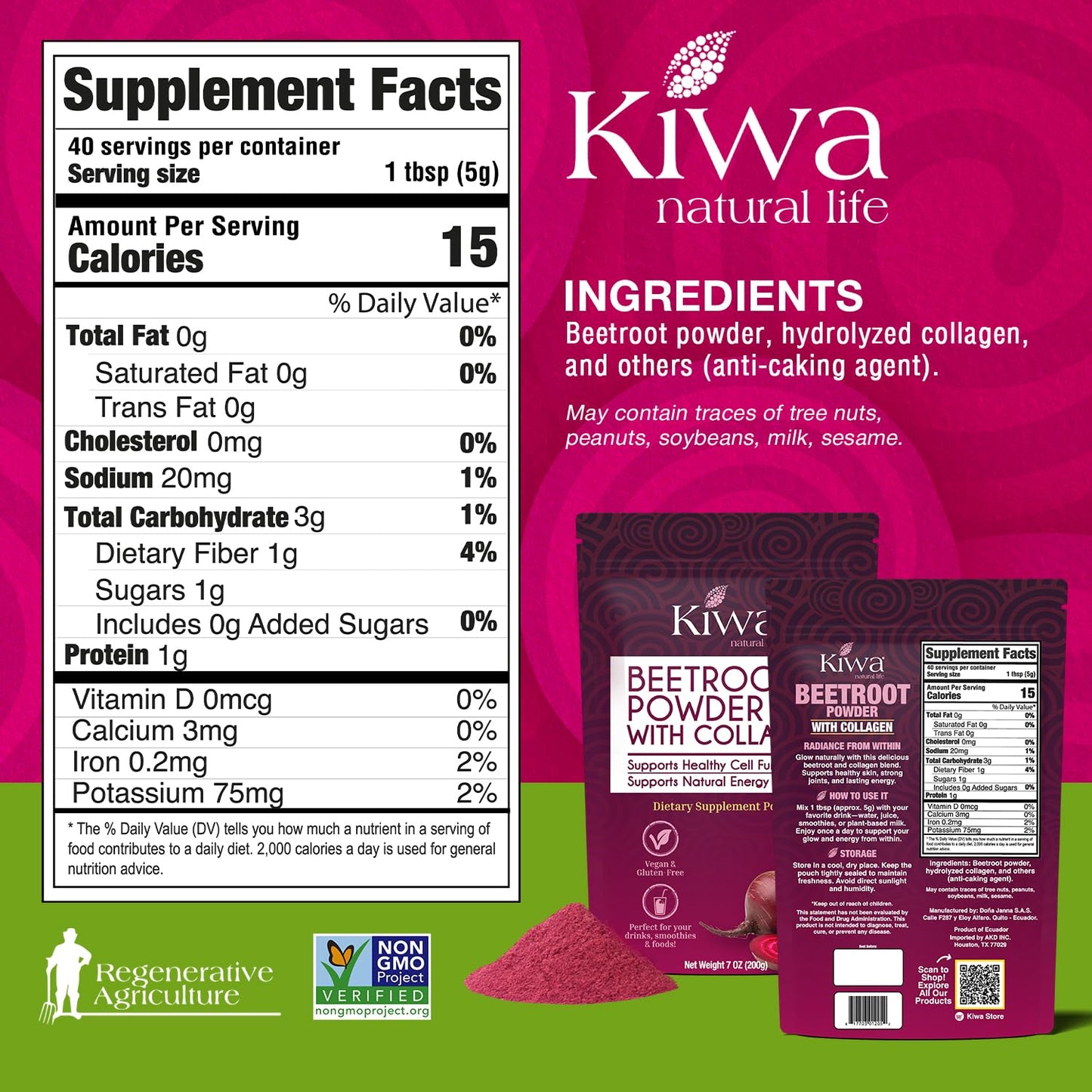 Kiwa Beetroot Powder with Collagen, 14 oz