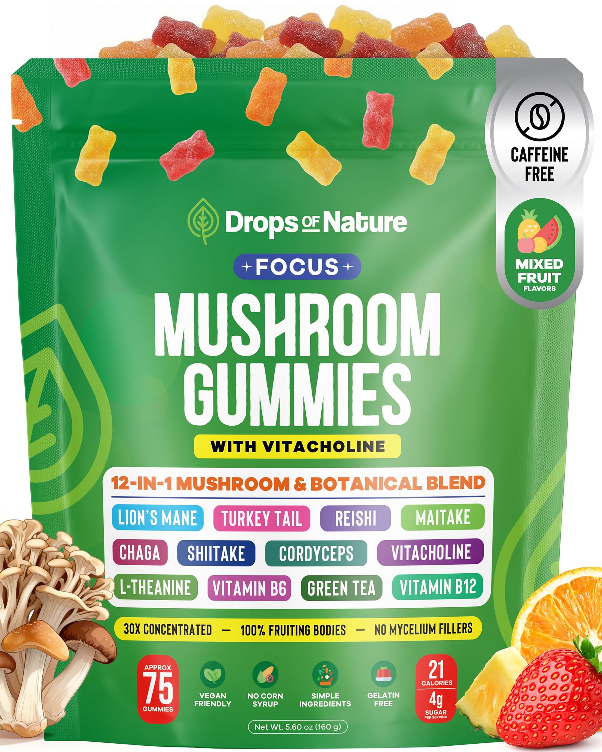 Drops Of Nature Mushroom Focus Gummies, 75 Gummies