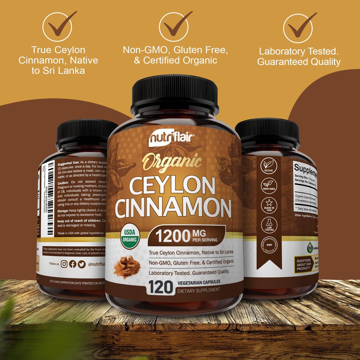 NutriFlair Organic Ceylon Cinnamon Supplement 1200mg Capsules 120 Count