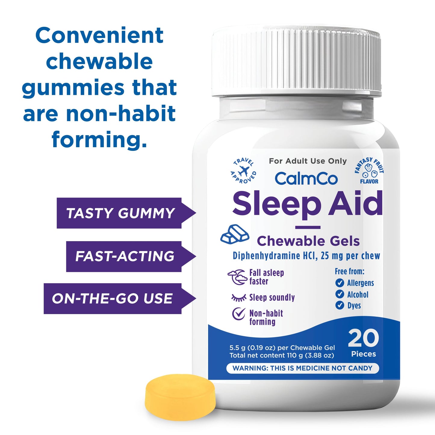 CalmCo Adult Sleep Aid Gummy Chewables – Nighttime Sleep Support with Diphenhydramine HCl 25 mg, Non-Habit Forming, Fantasy Fruit Flavor, 20 Count