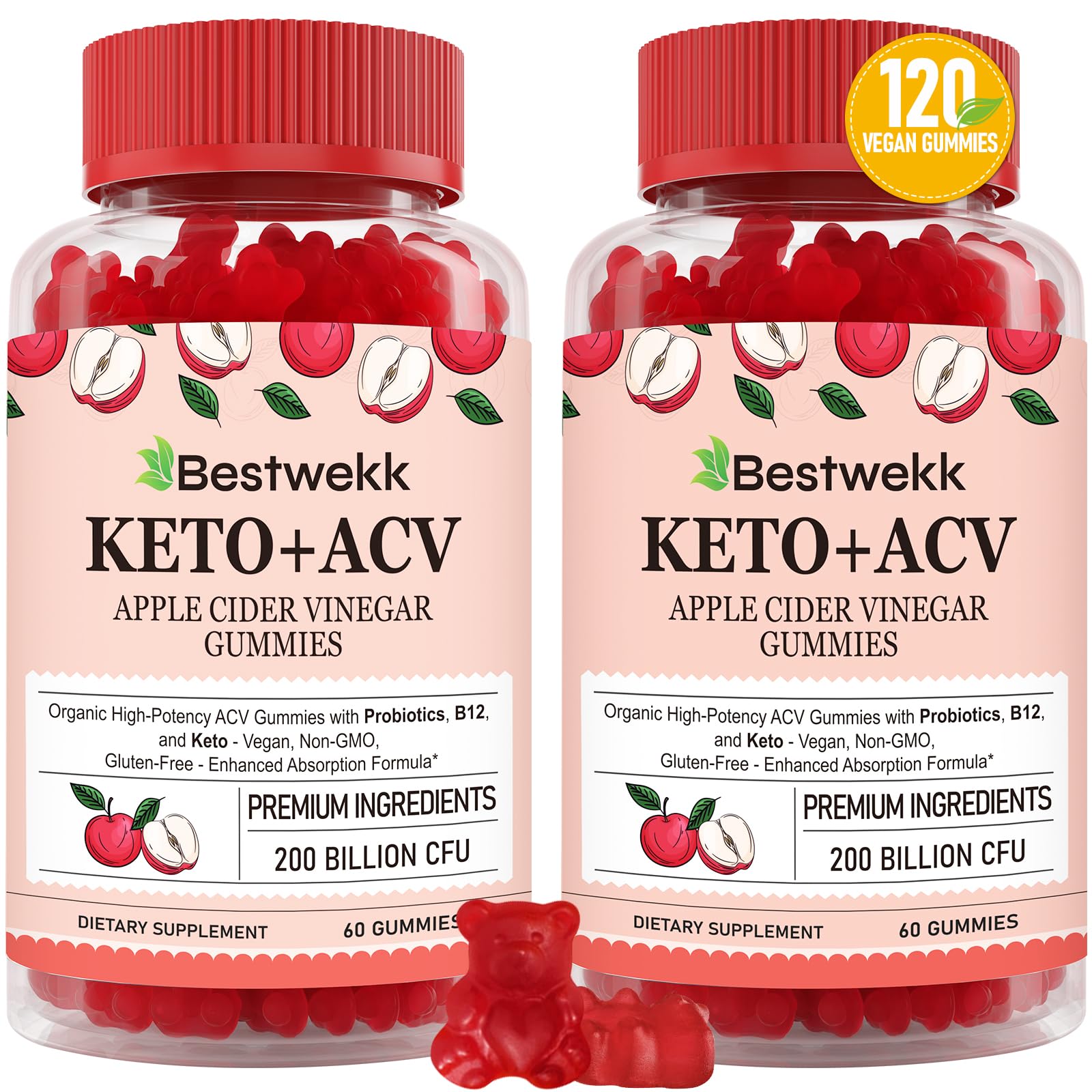 Bestwekk Apple Cider Vinegar Gummies Max Strength 2000mg ACV with Probiotics and B12, 120 Gummies