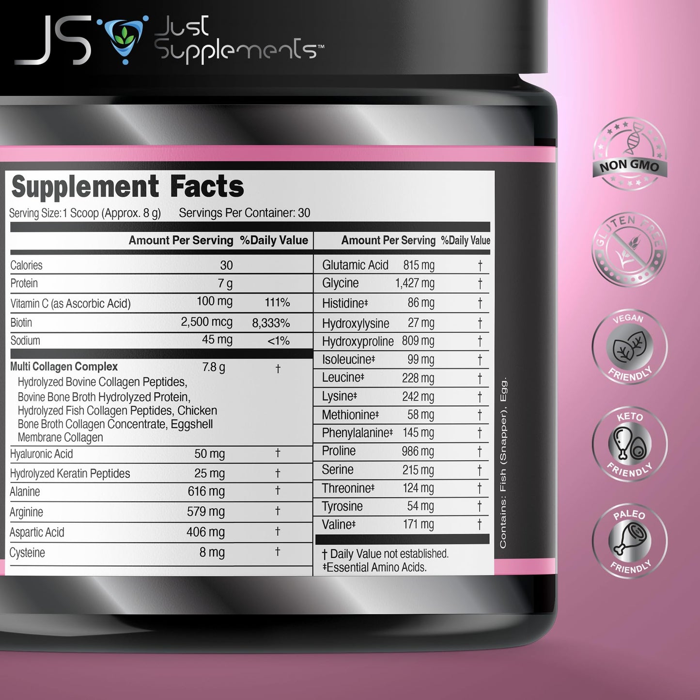 JS JUST SUPPLEMENTS Beauty Multi Collagen with Vitamin C, Biotin, Hyaluronic Acid & Keratin Peptides, Type I, II, III, V, X Powder, 8.4 oz
