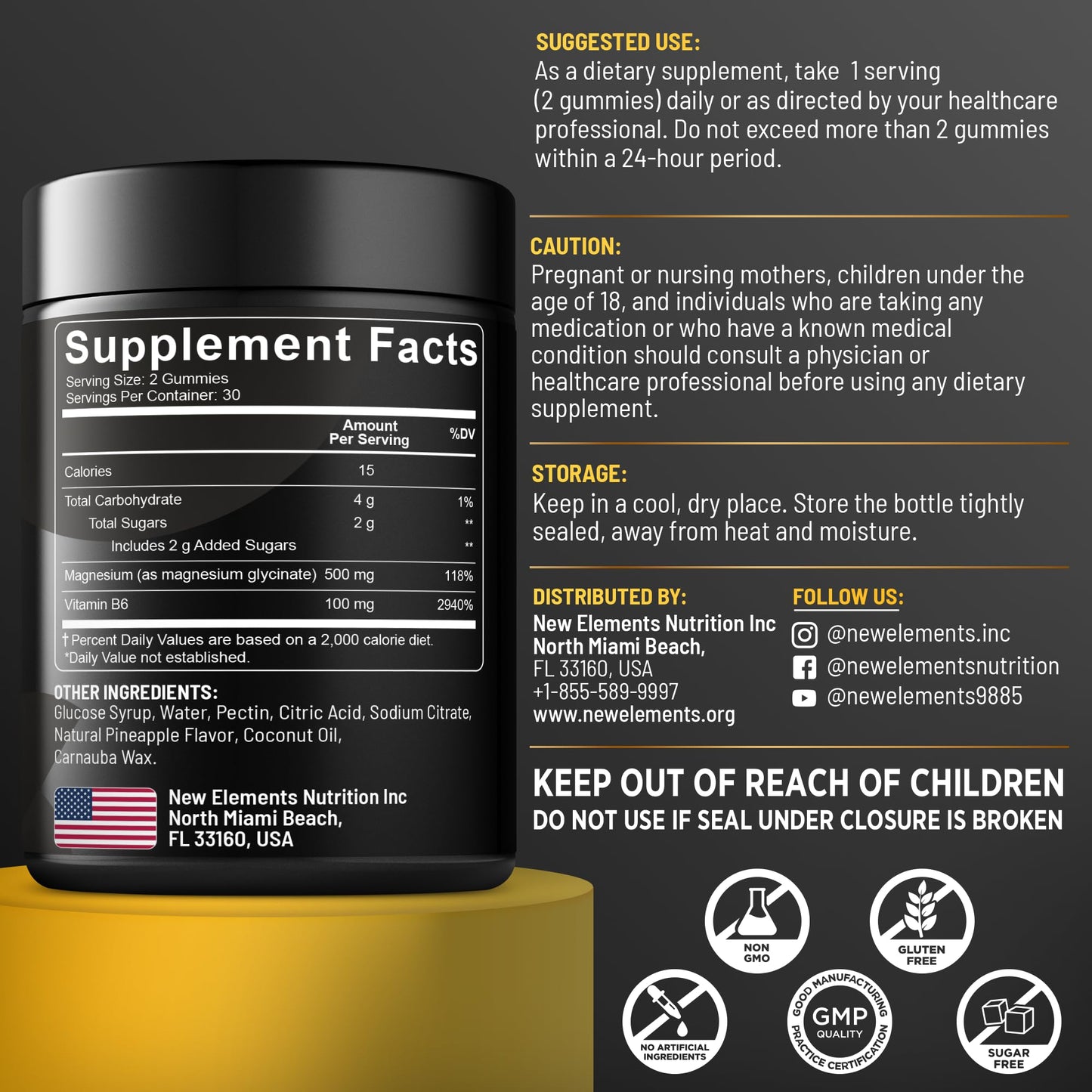 New Elements Magnesium Glycinate Gummies 500mg with Vitamin B6 100mg, 60 Gummies