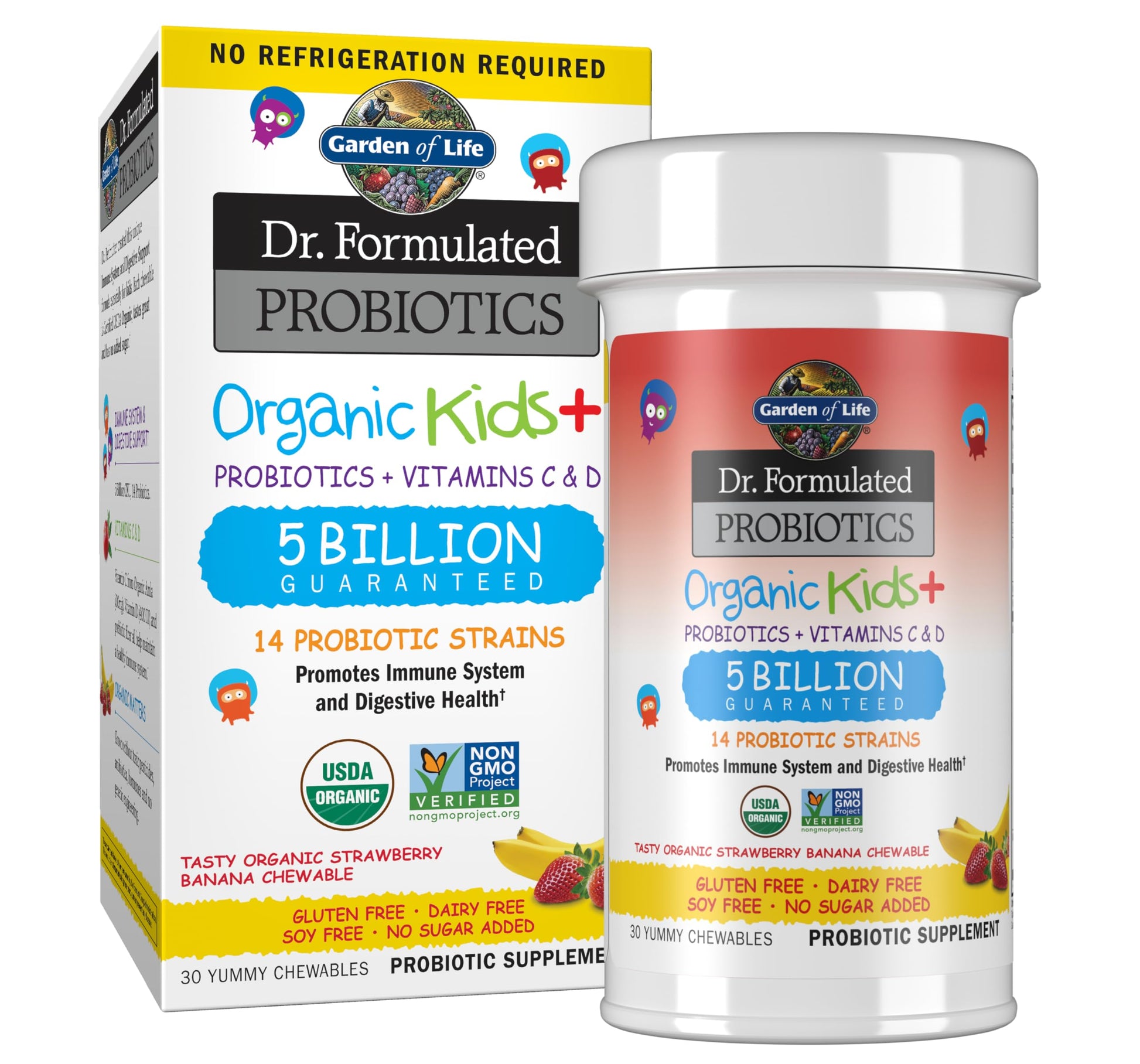 Garden of Life Dr. Formulated Probiotics Organic Kids+ Chewables, 30 Count, Digestive Health Support, Prebiotic Fiber & Vitamins C & D, Supports Immune Function, Strawberry Banana