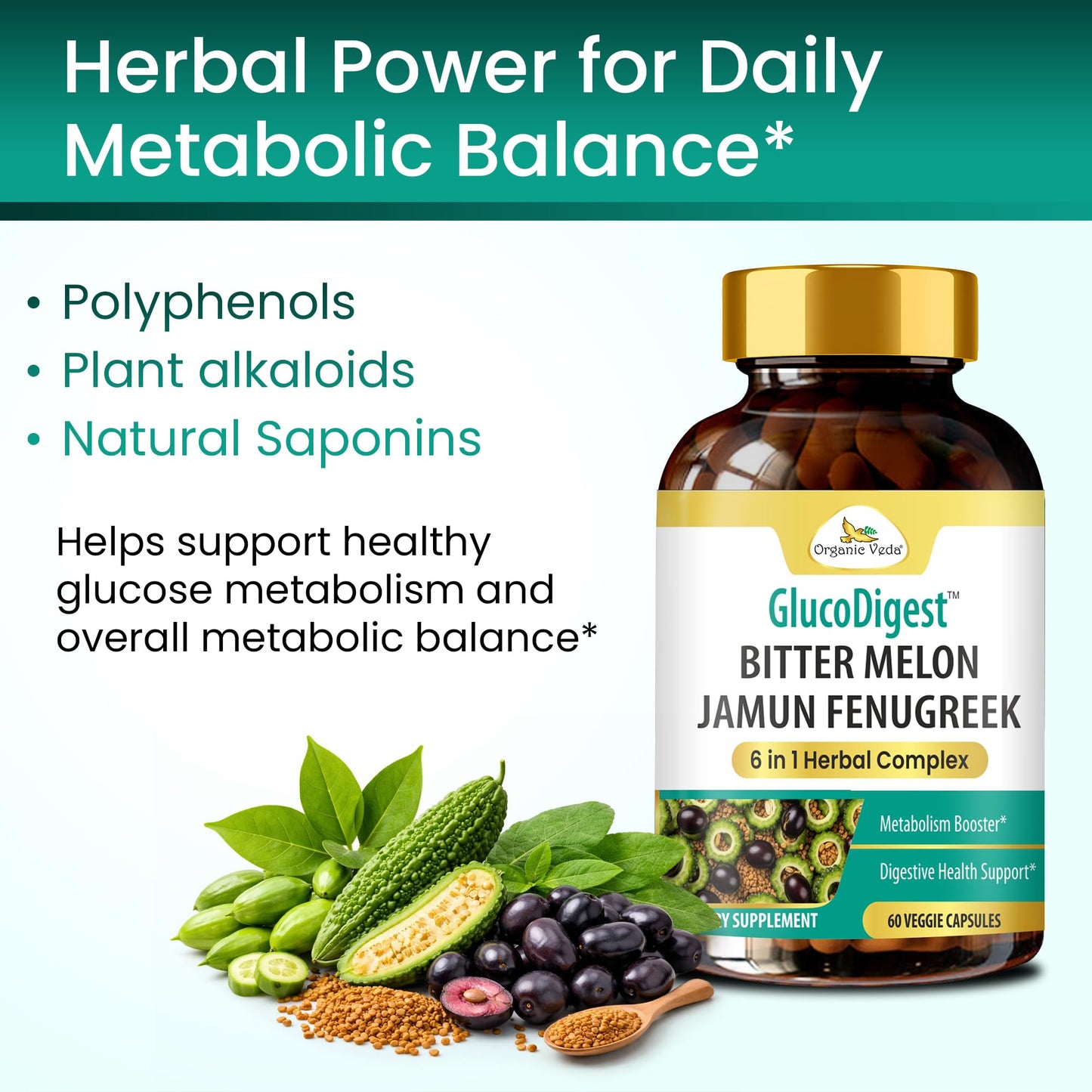 Organic Veda GlucoDigest Bitter Melon Gymnema Sylvestre Fenugreek Capsules, 60 Capsules