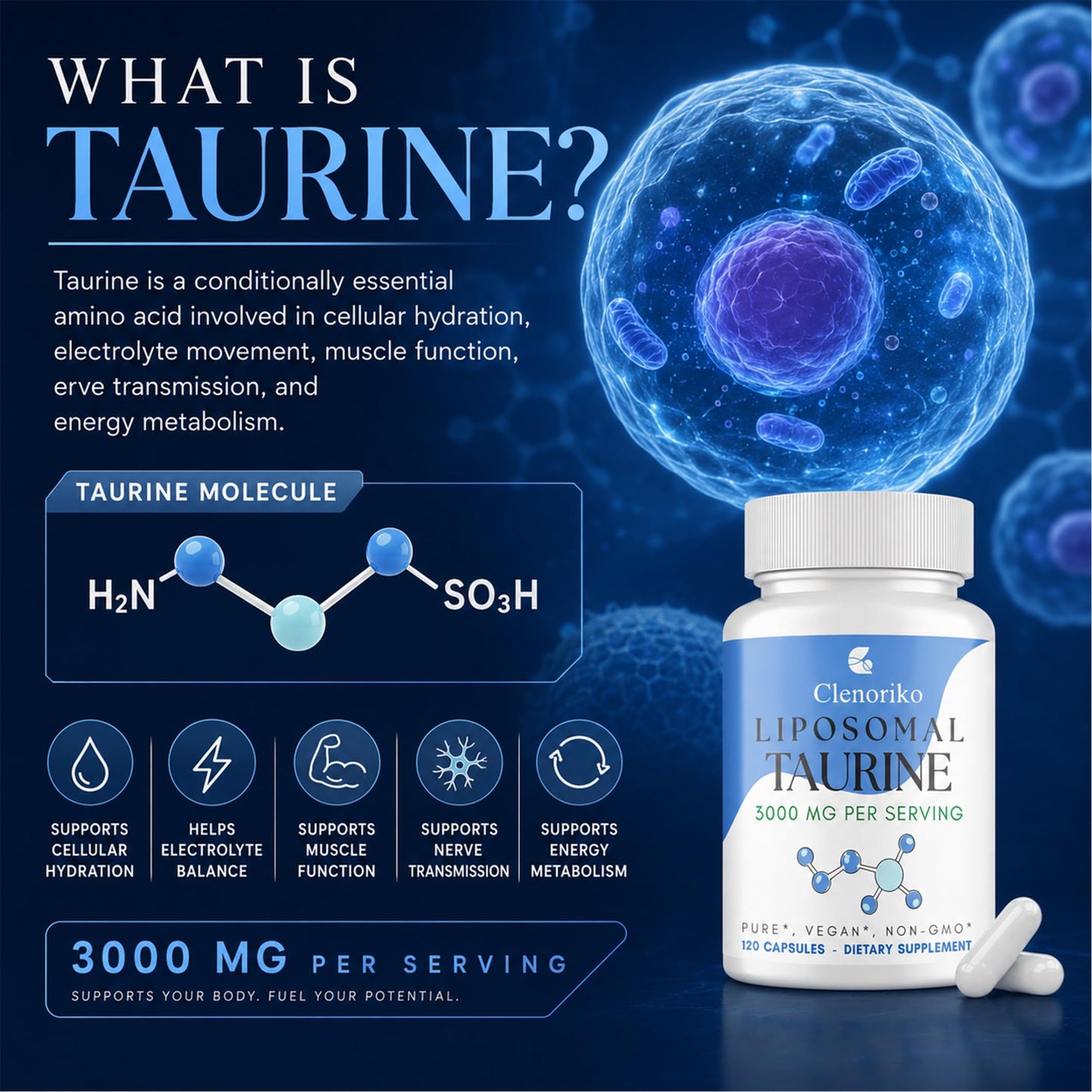 Clenoriko Liposomal Taurine Supplement 3000mg Capsule, 120 Count