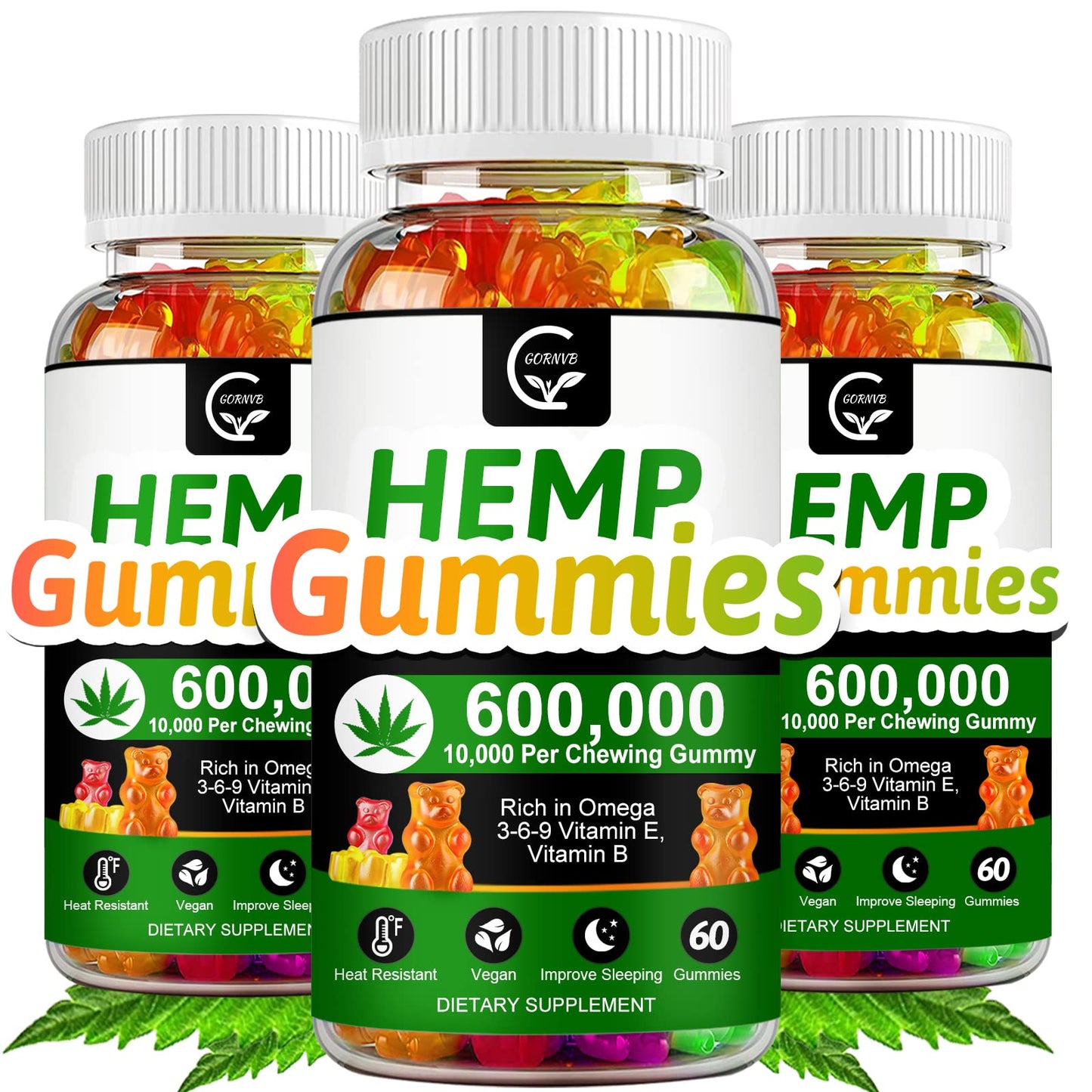 GORNVB High Potency Hemp Gummies 600,000 Extra Strength - Stress, Sleep & Mood Support, 100% Natural Hemp Oil Infused, Vegan, Non-GMO, Gluten-Free - 180 Gummies