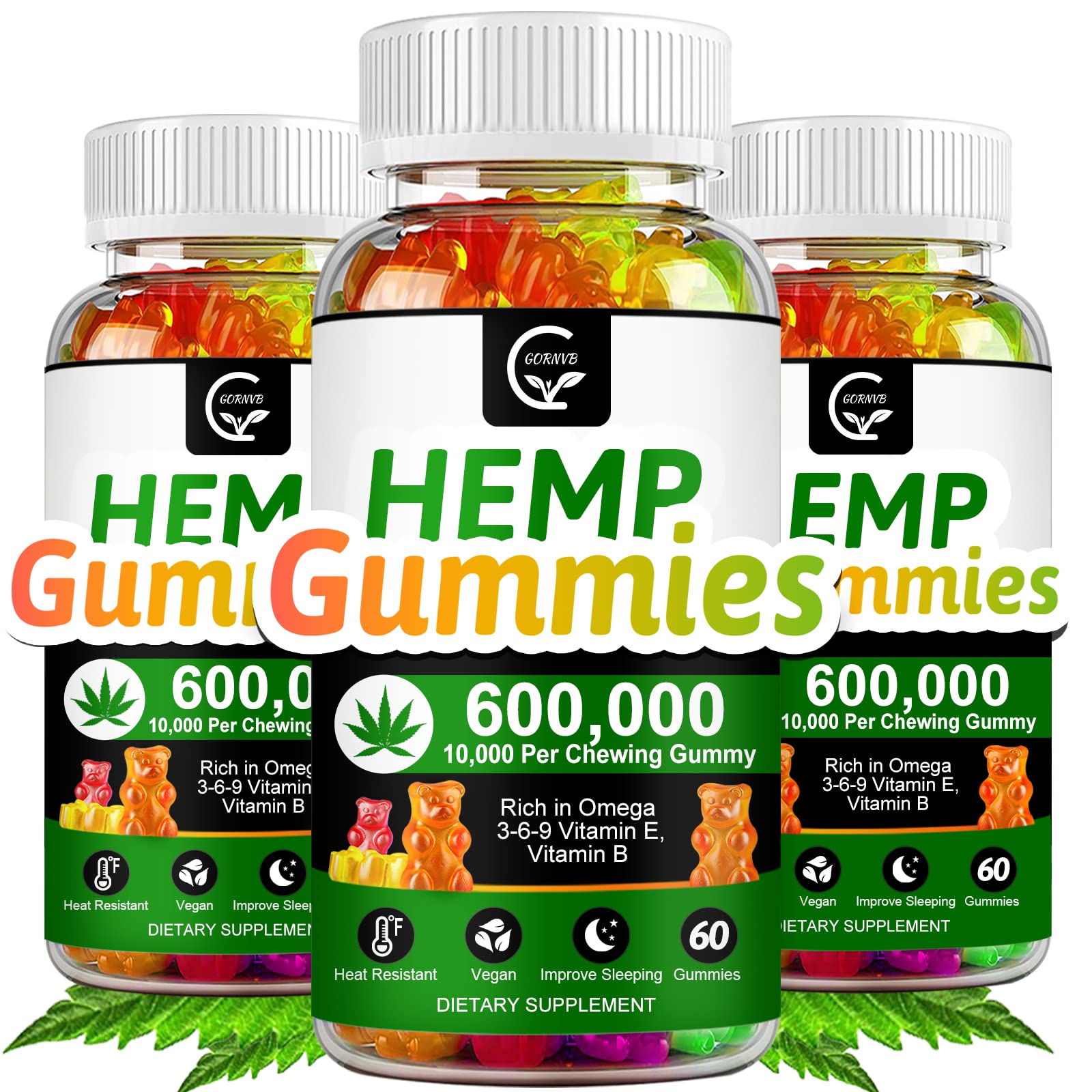 GORNVB High Potency Hemp Gummies 600,000 Extra Strength - Stress, Sleep & Mood Support, 100% Natural Hemp Oil Infused, Vegan, Non-GMO, Gluten-Free - 180 Gummies
