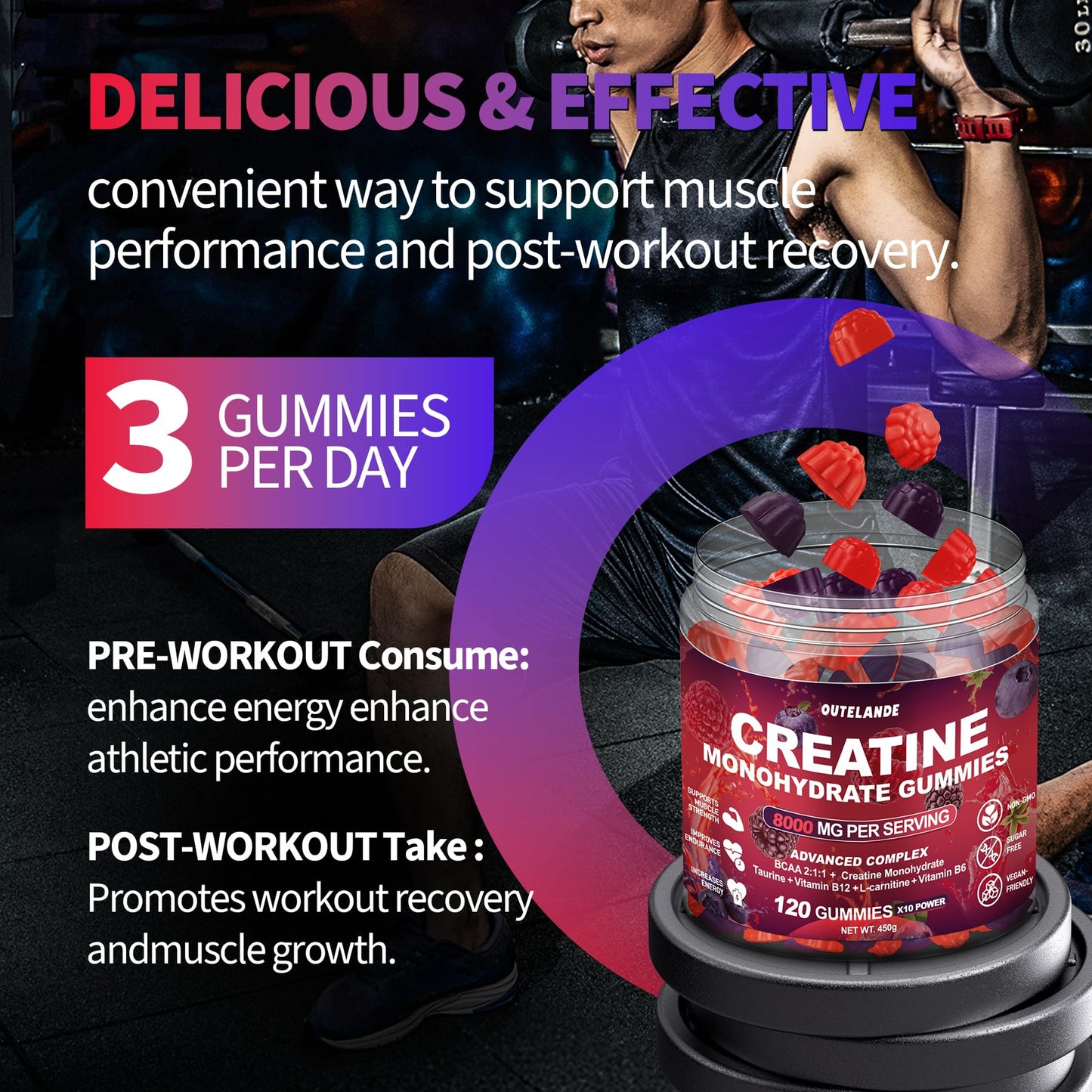 OUTELANDE Creatine Monohydrate Gummies 120 Count