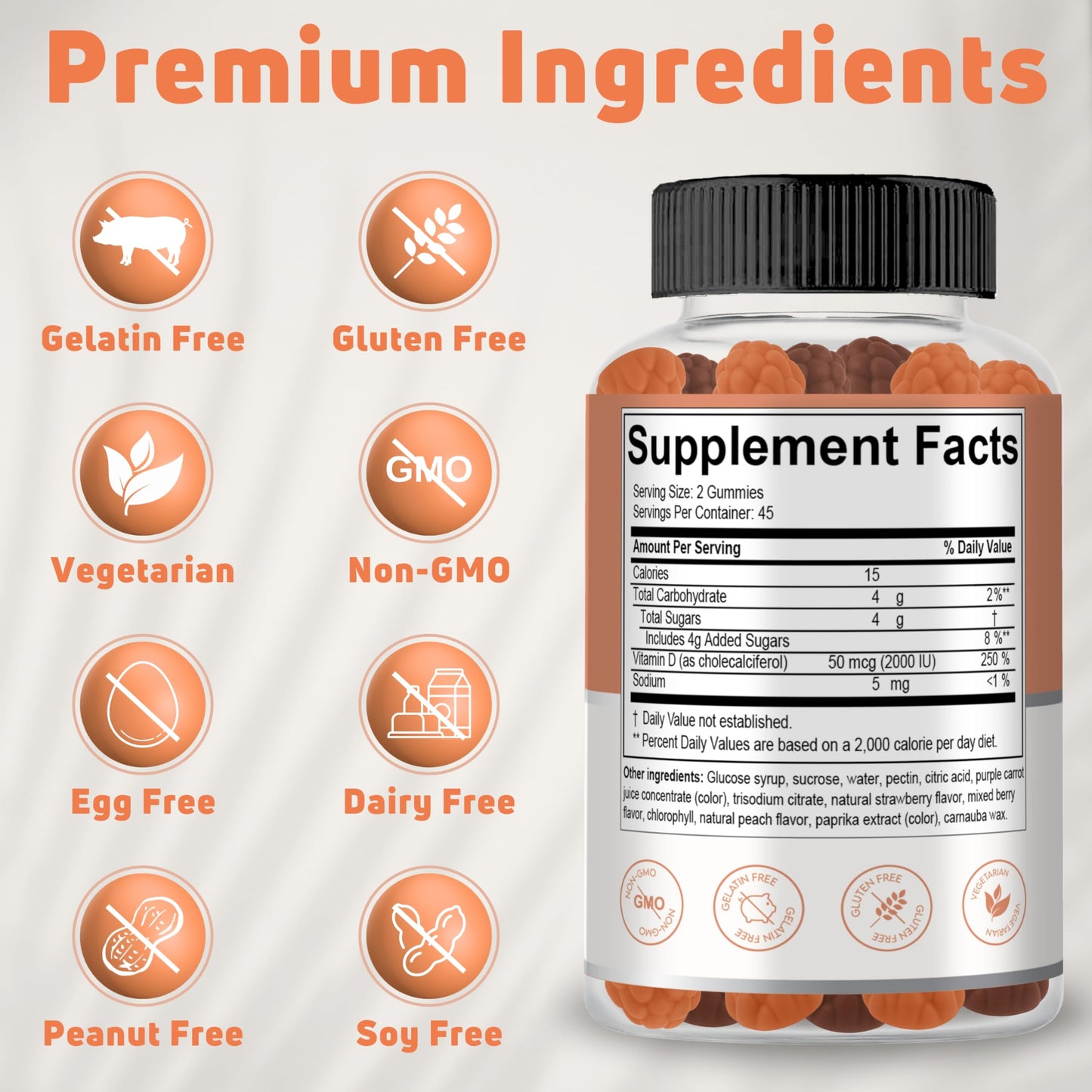 NUELATION Vitamin D3 Gummies for Adults 2000 IU, 90 Gummies