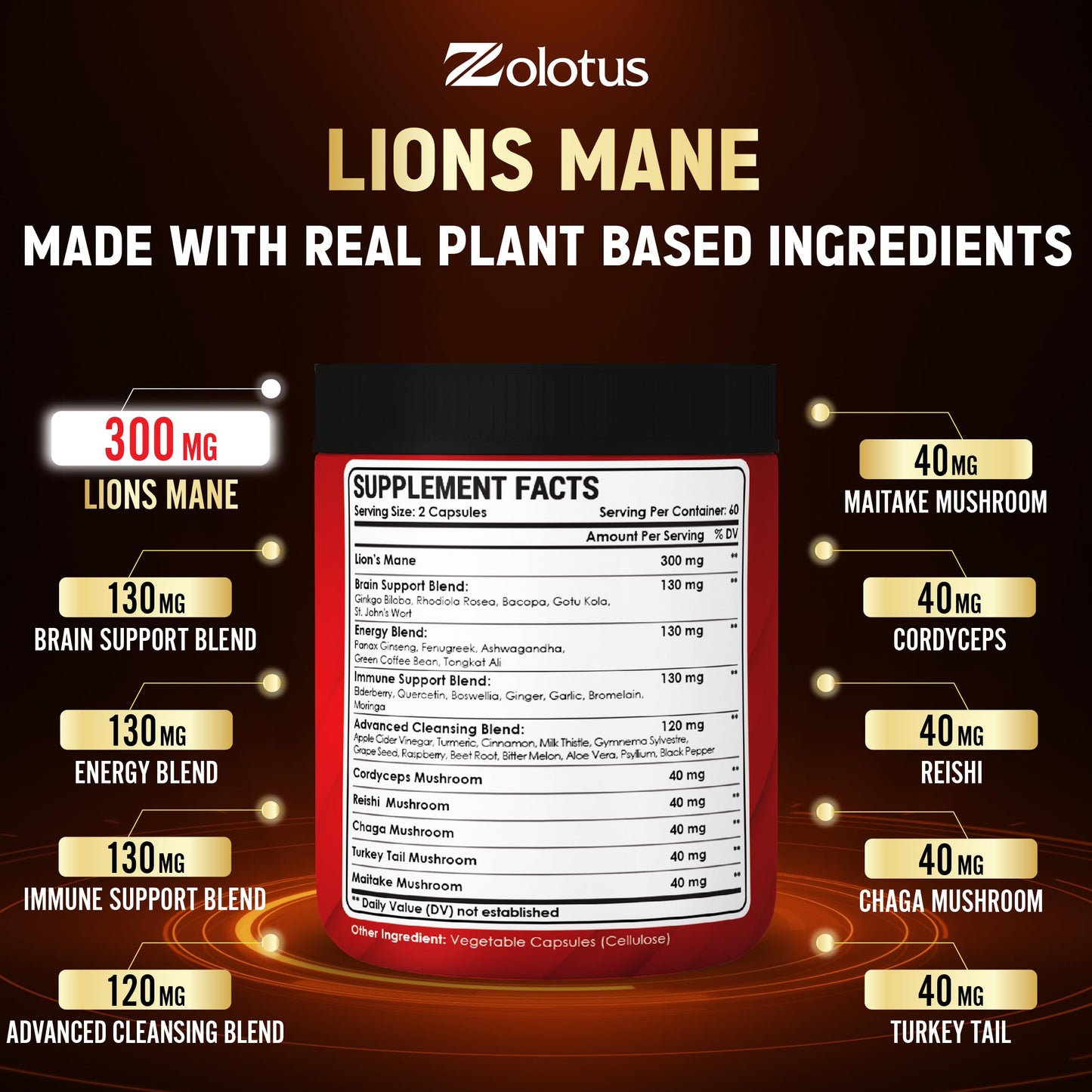 Zolotus 35-in-1 Lions Mane Mushroom Capsules Cordeyceps, Reishi, Elderberry, Ashwagandha, Panax Ginseng 120 Capsules