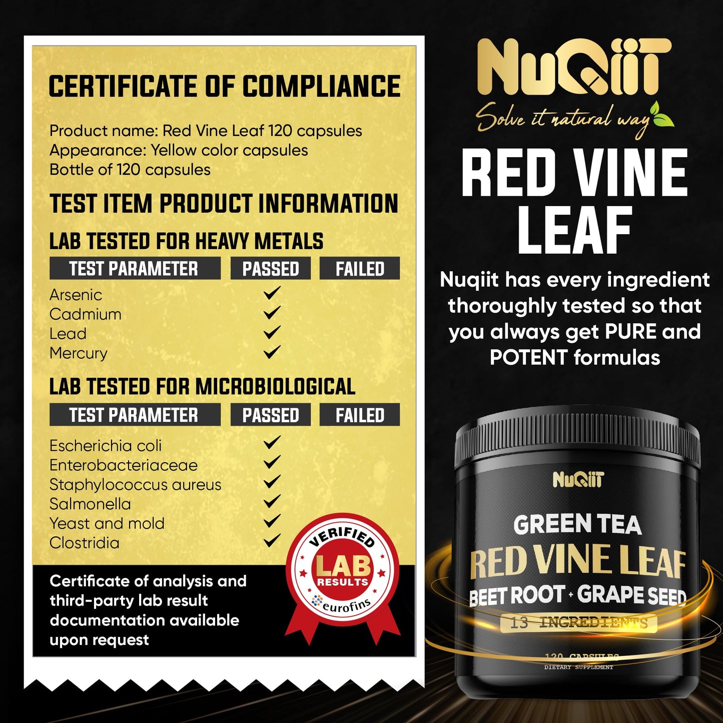 NUQIIT Red Vine Leaf Extract with Beet Root, Green Tea Supplement & More, 120 Capsules