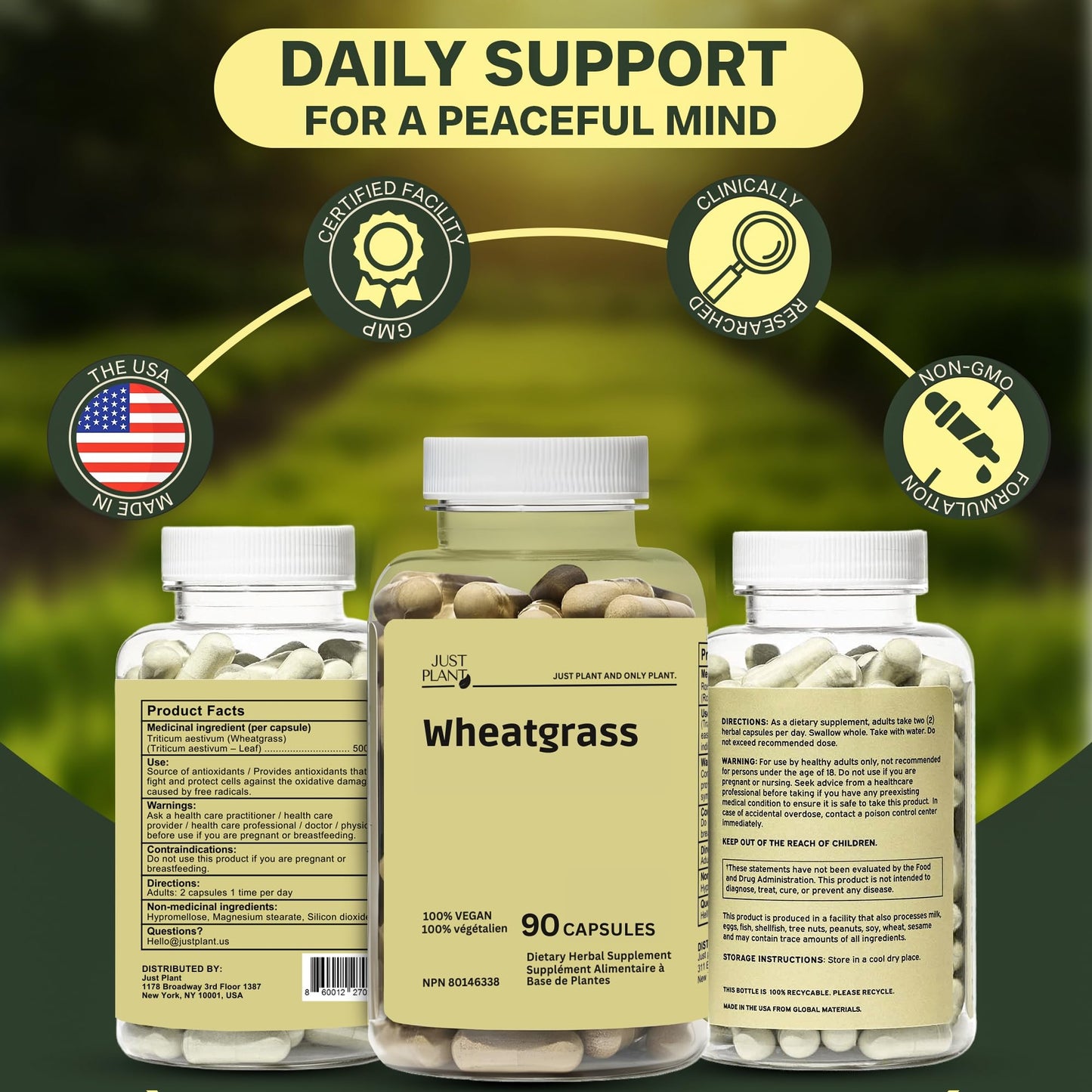 Just Plant Organic Wheat Grass Capsules 500 mg, 90 Count