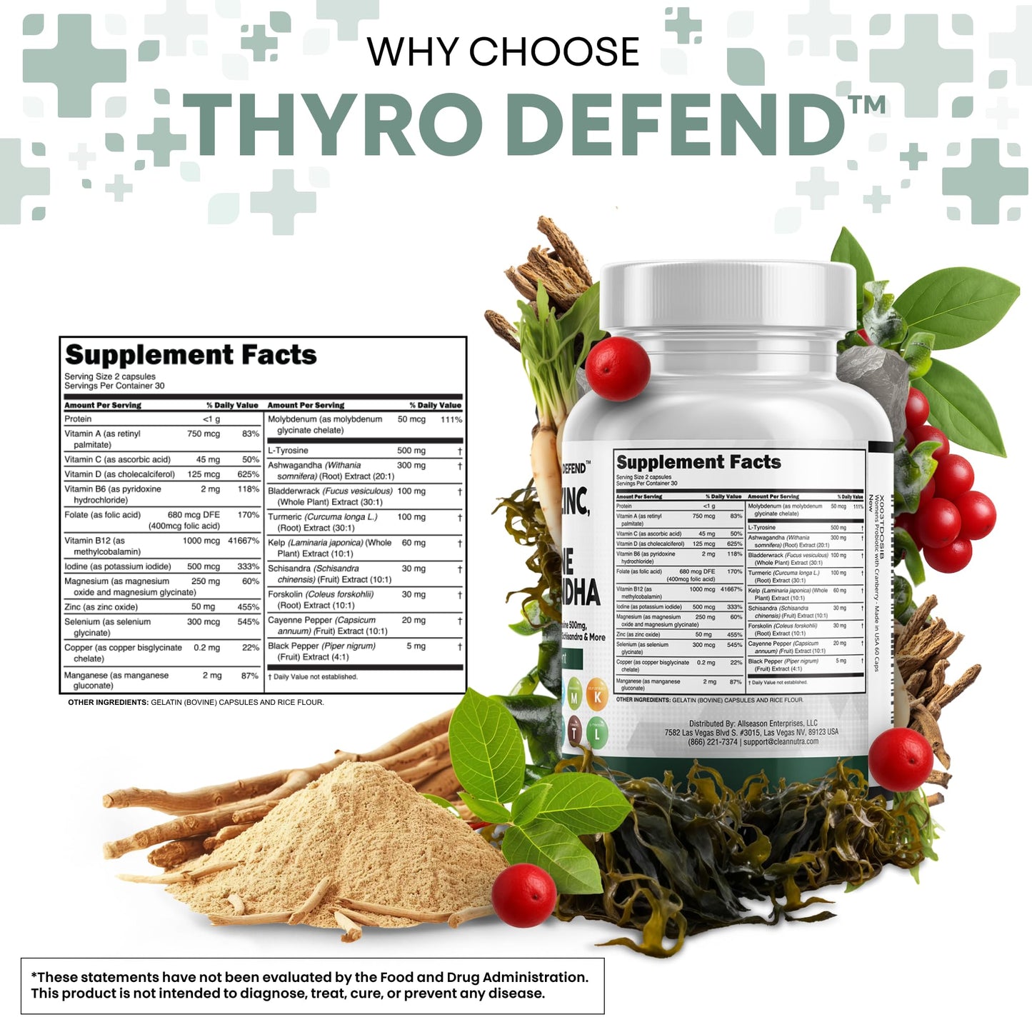 Clean Nutraceuticals Thyroid Support Capsule with Selenium 300mcg & Iodine 500mcg, L-Tyrosine 500mg, Ashwagandha, Bladderwrack, Kelp, Schisandra, Zinc, Turmeric - 120 Capsules