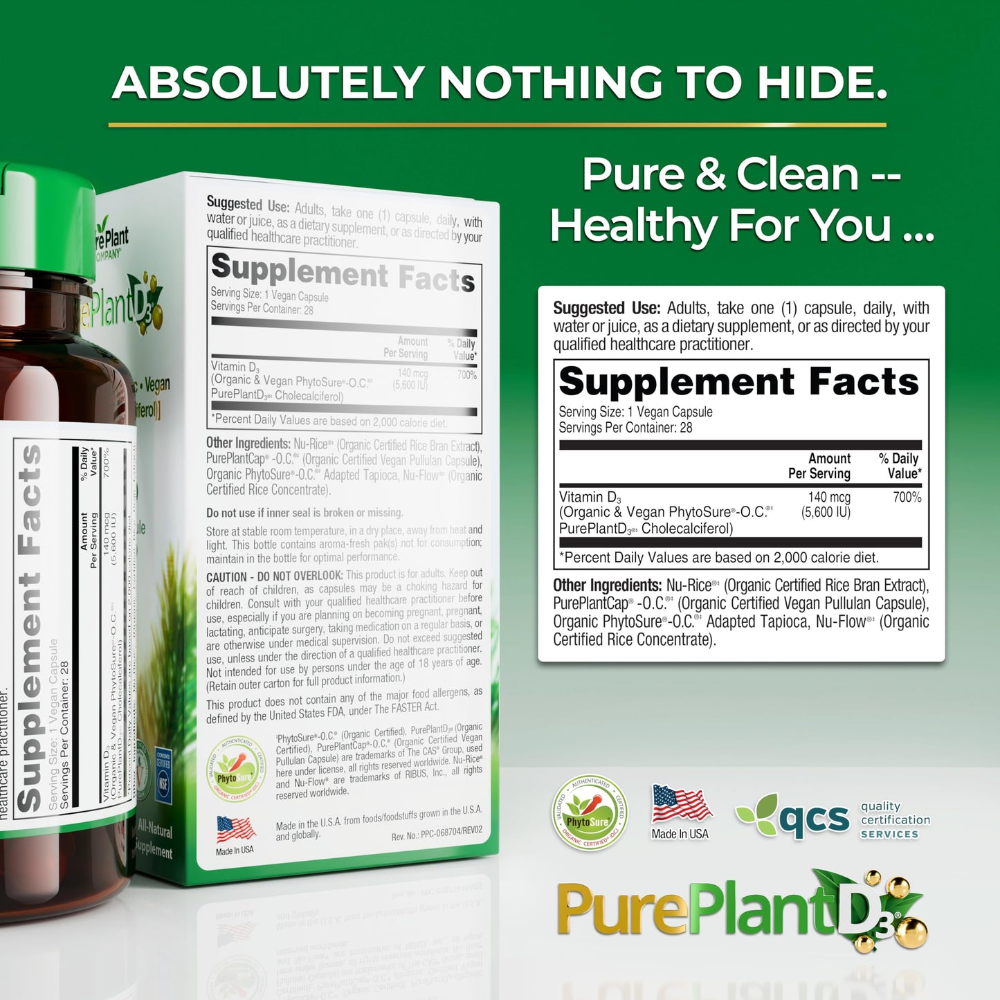 The Pure Plant Company PurePlantD3 Vegan Vitamin D3 5600 IU Organic Plant-Based Capsules, 28 Count