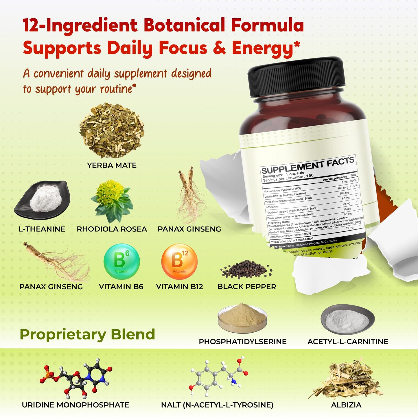 PEAKPURY Ultra All-in-1 Yerba Mate, L-Theanine, Rhodiola & Panax Ginseng - Supports Mental Focus & Natural Energy, 150 Capsules